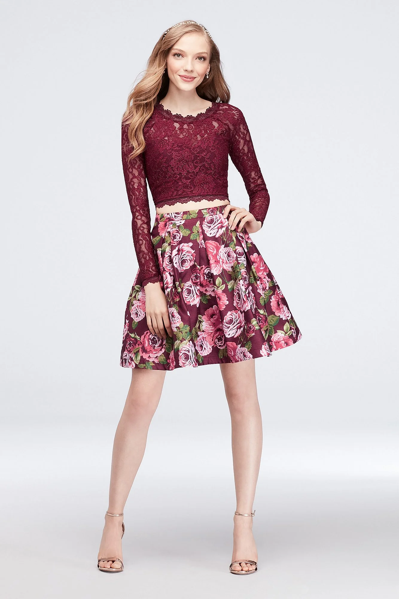 Shantung Skirt Set with Long-Sleeve Lace Crop Top - Image 3