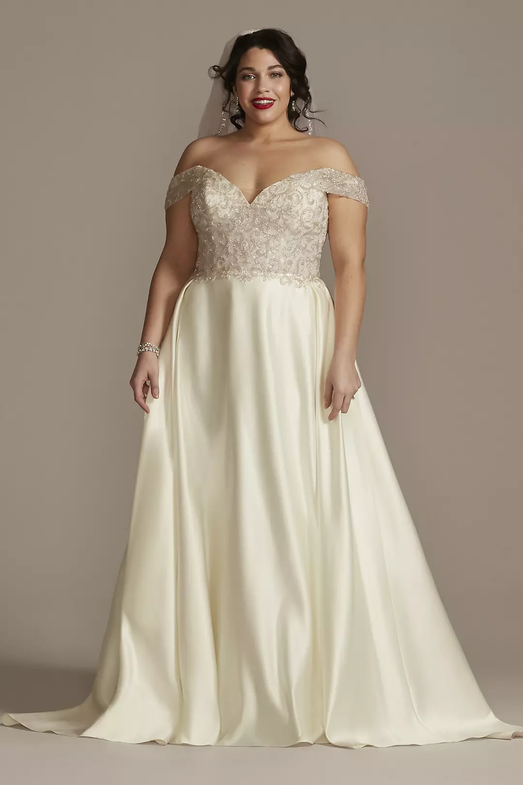 Off Shoulder Beaded Satin Wedding Dress - Image 24