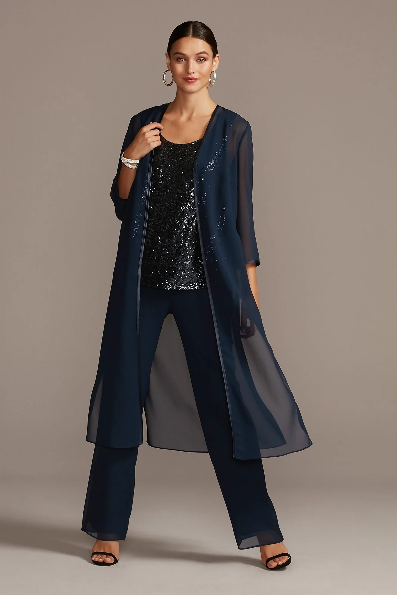 Sheer Midi Jacket Three-Piece Set with Glitter Top - Image 3