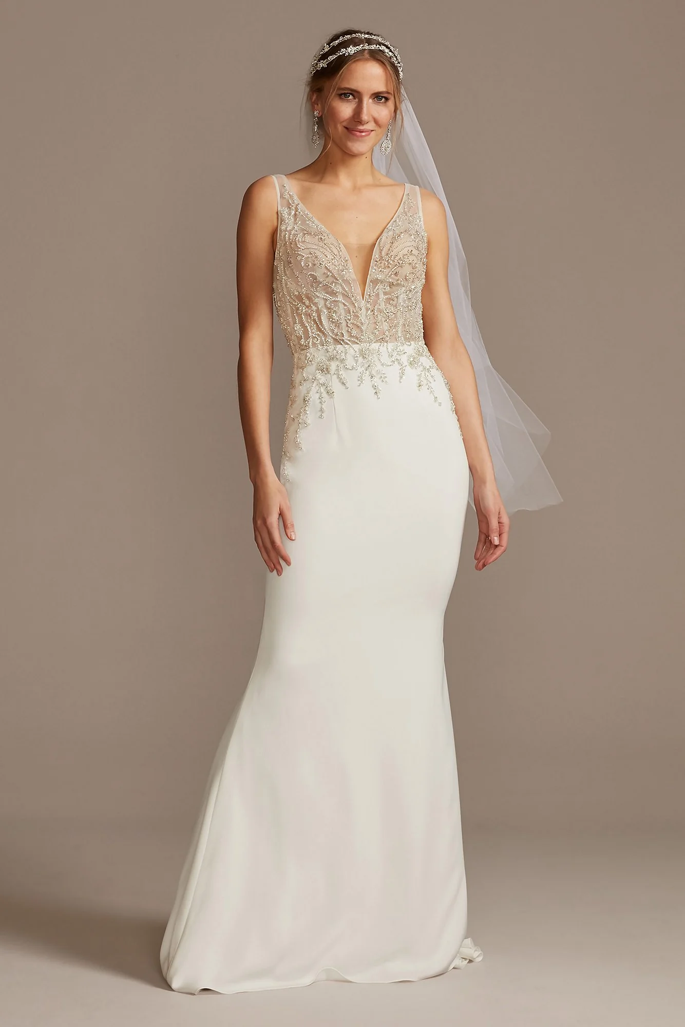 Sheer Plunge Beaded Corset Crepe Wedding Dress - Image 7