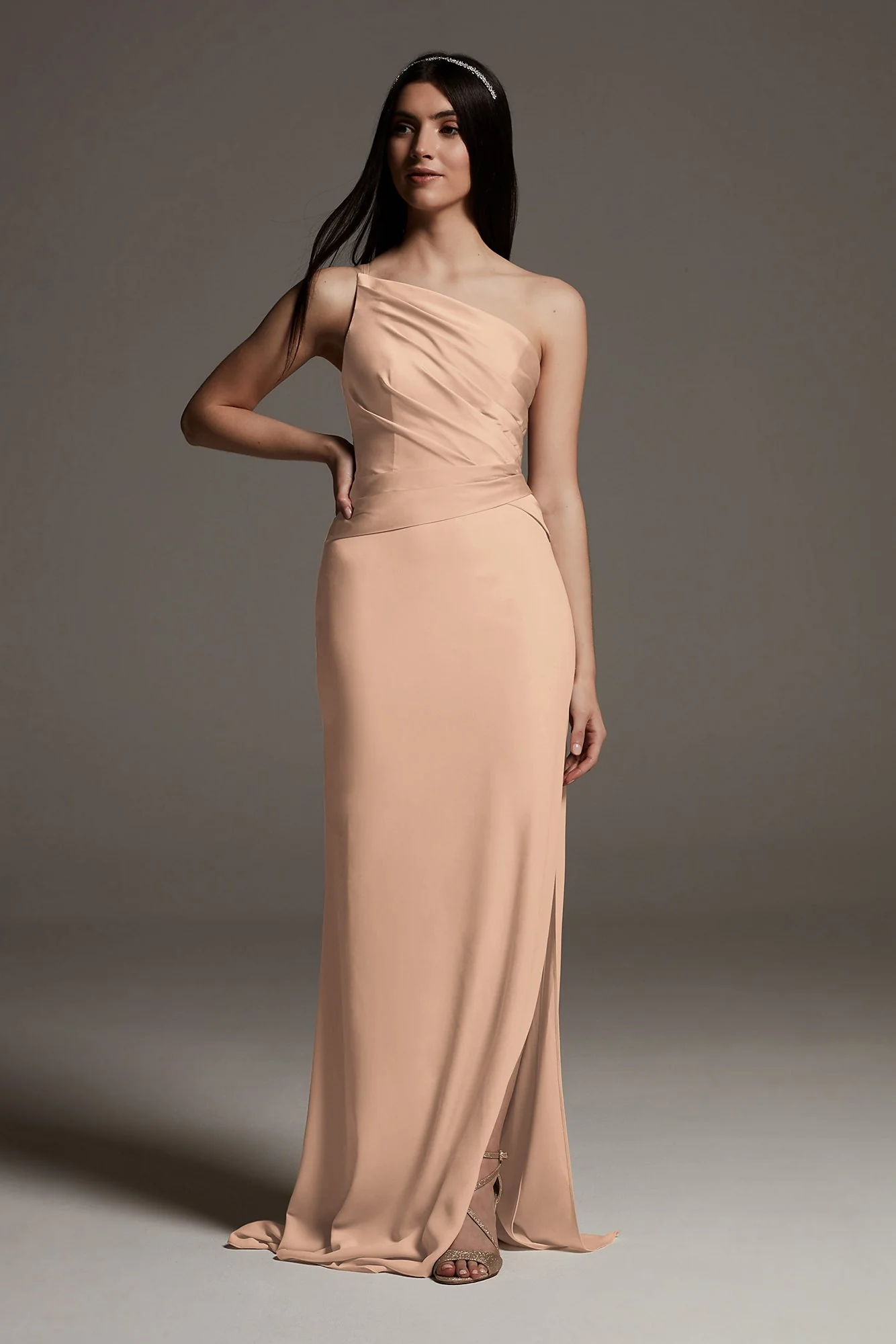 Shine Bodice One-Shoulder Crepe Bridesmaid Dress - Image 15