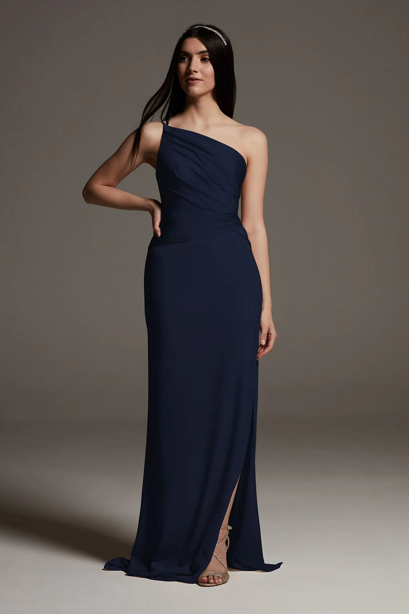 Shine Bodice One-Shoulder Crepe Bridesmaid Dress - Image 29