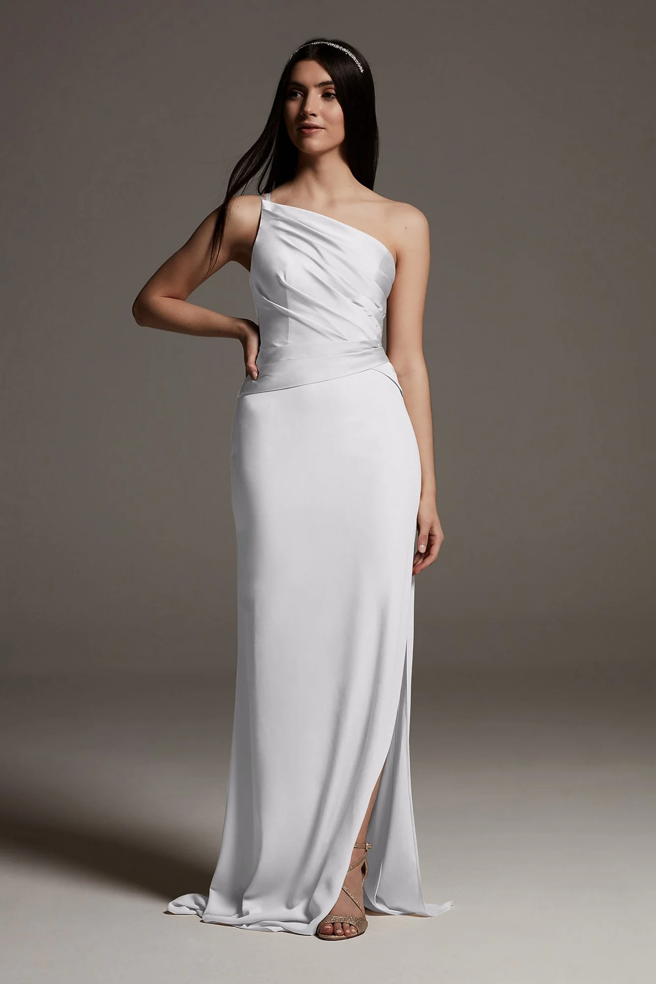 Shine Bodice One-Shoulder Crepe Bridesmaid Dress - Image 30