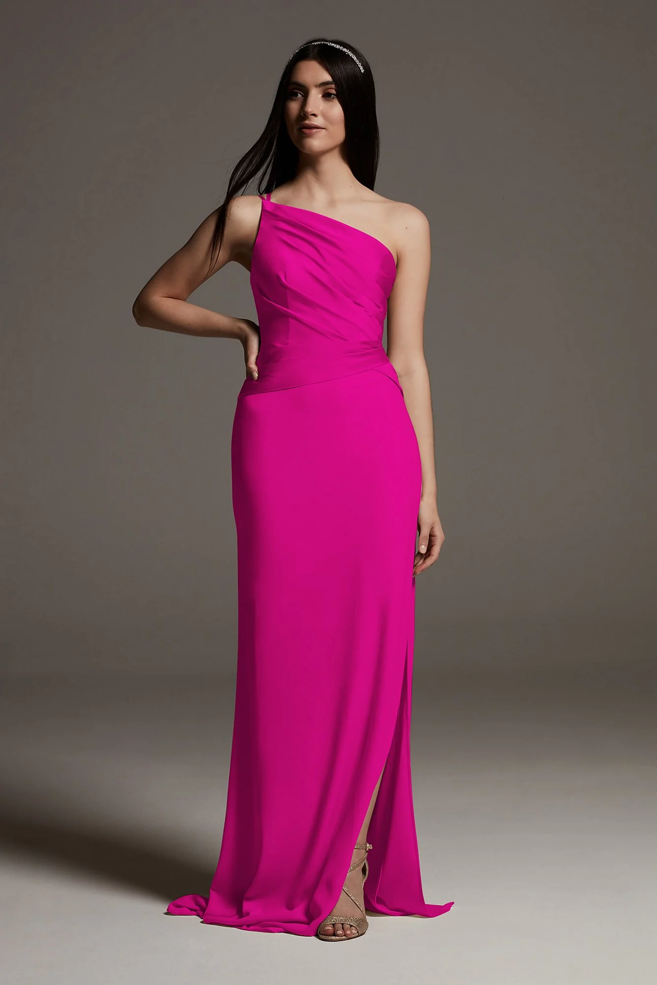 Shine Bodice One-Shoulder Crepe Bridesmaid Dress - Image 34