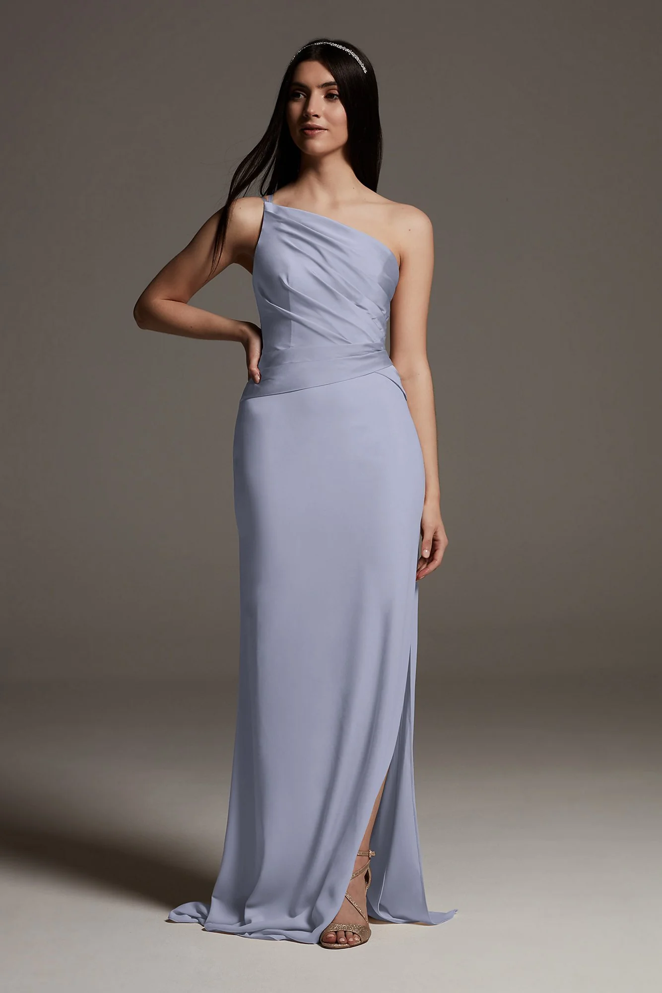 Shine Bodice One-Shoulder Crepe Bridesmaid Dress - Image 39