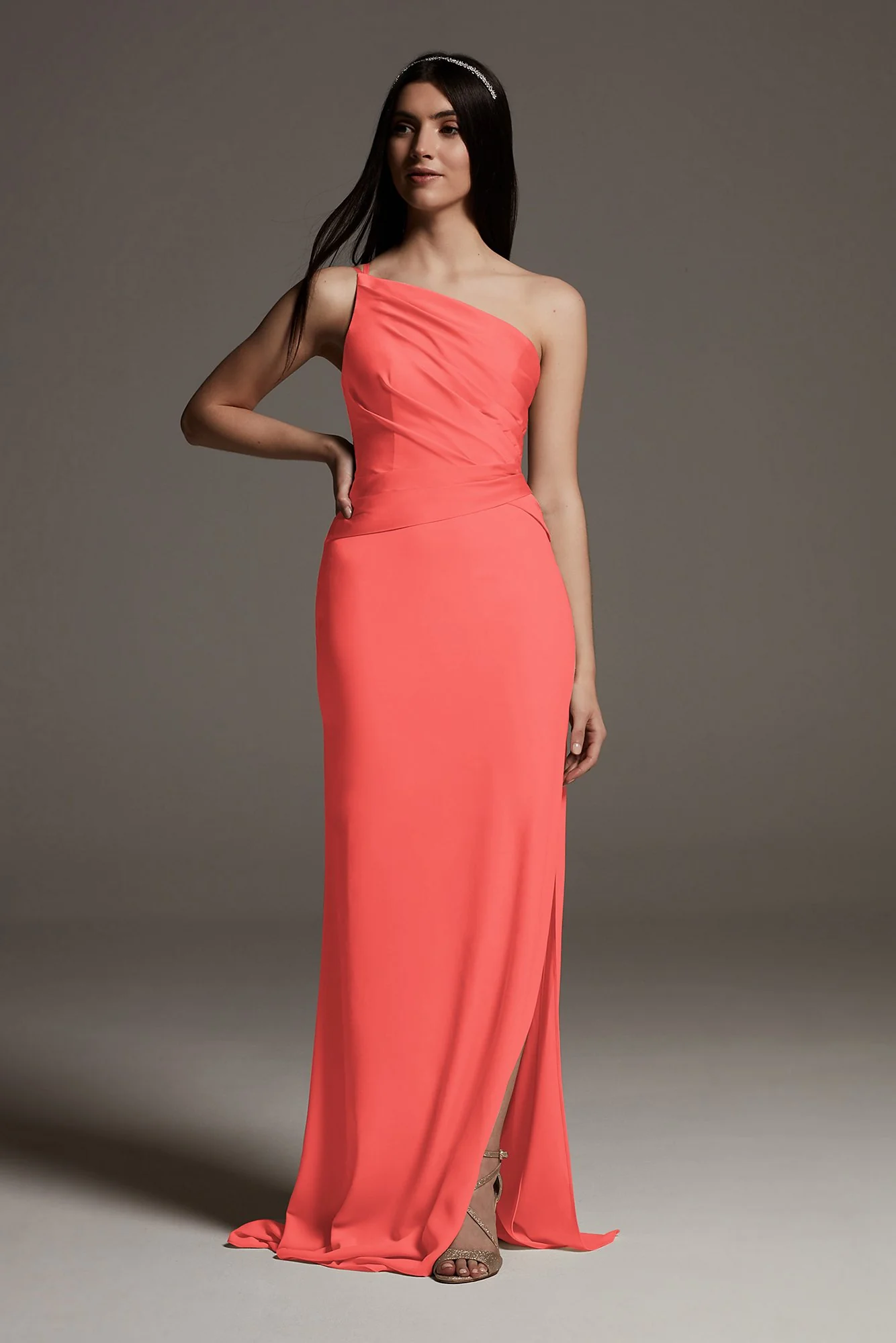 Shine Bodice One-Shoulder Crepe Bridesmaid Dress - Image 9