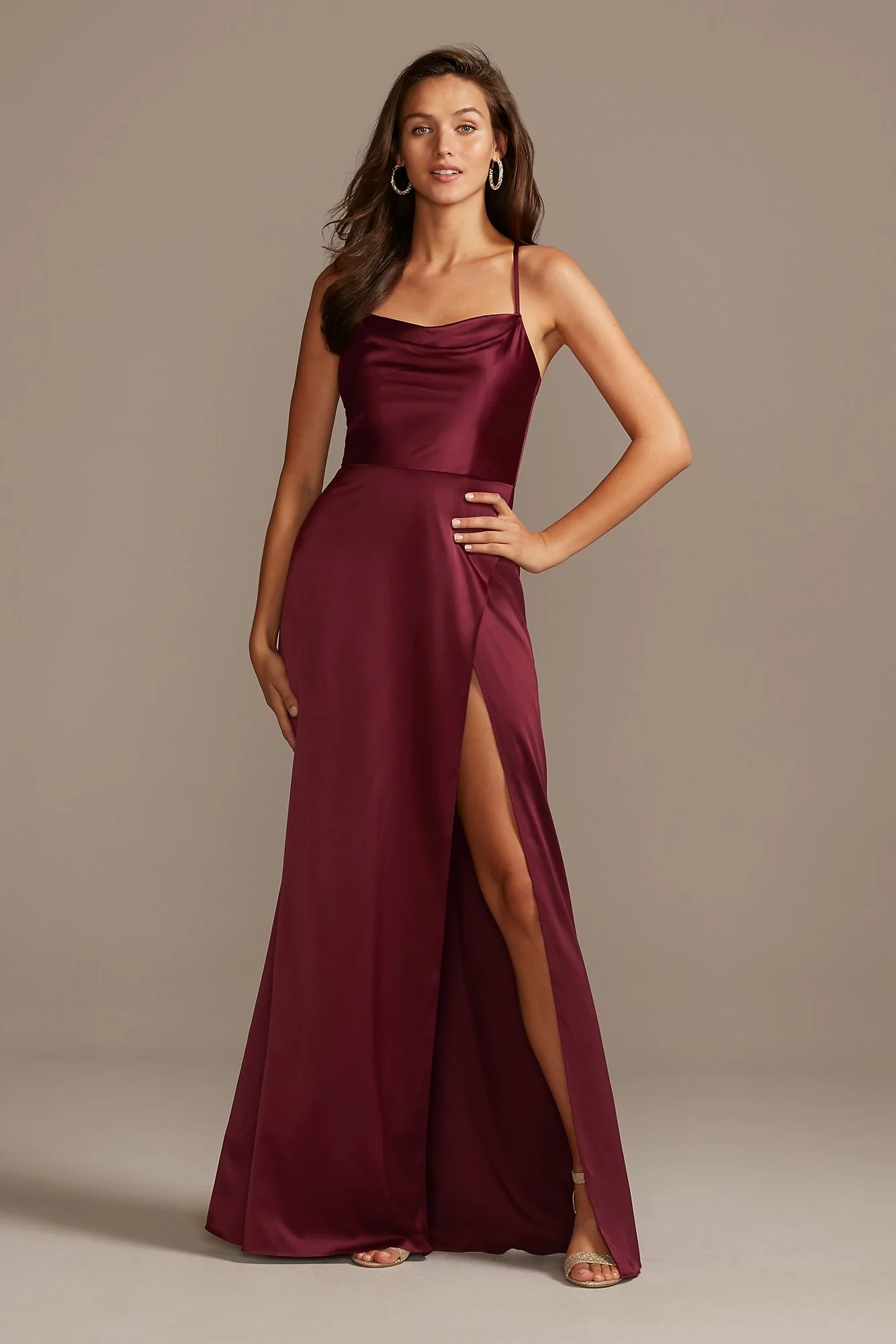 Shiny Charmeuse Cowl Neck Slip Dress with Slit - Image 4