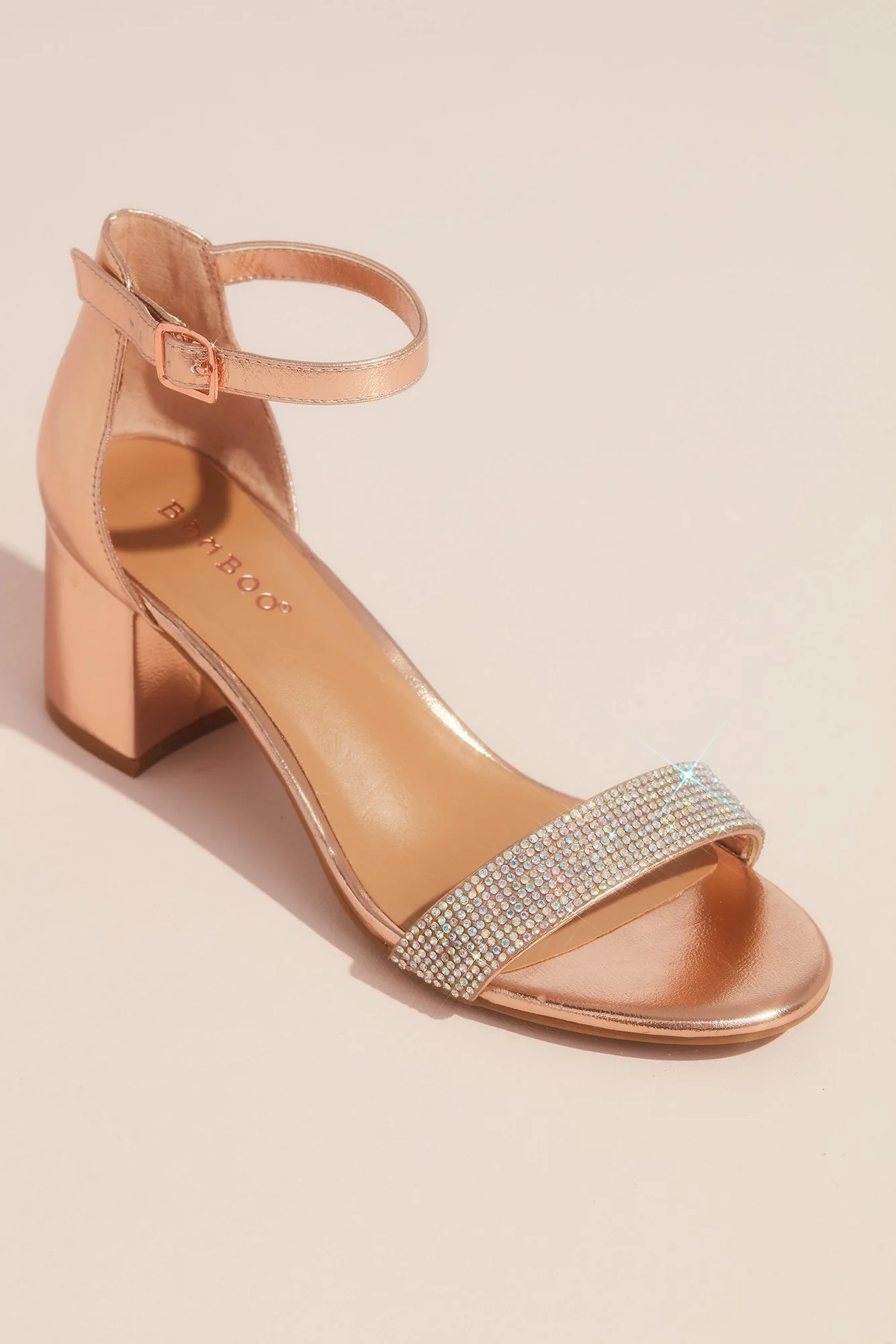 Shiny Metallic Block Heel Sandals with Crystals - Image 2