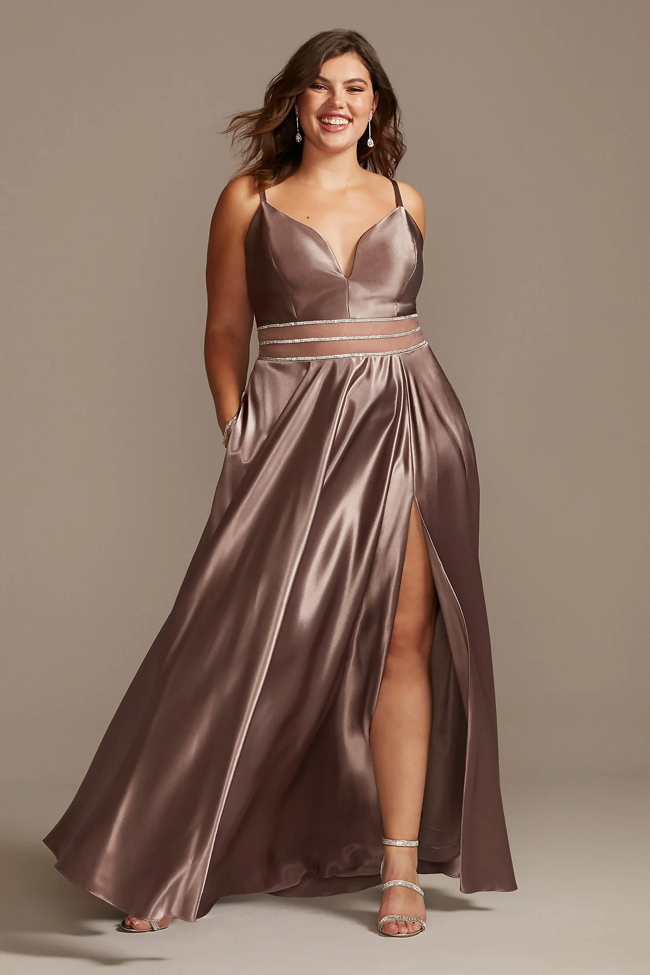 Satin Plunge Plus Size Gown with Illusion and Slit