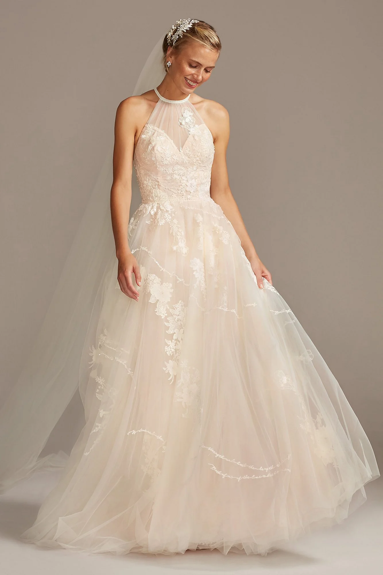 Shirred Halter Embroidered Poem Wedding Dress