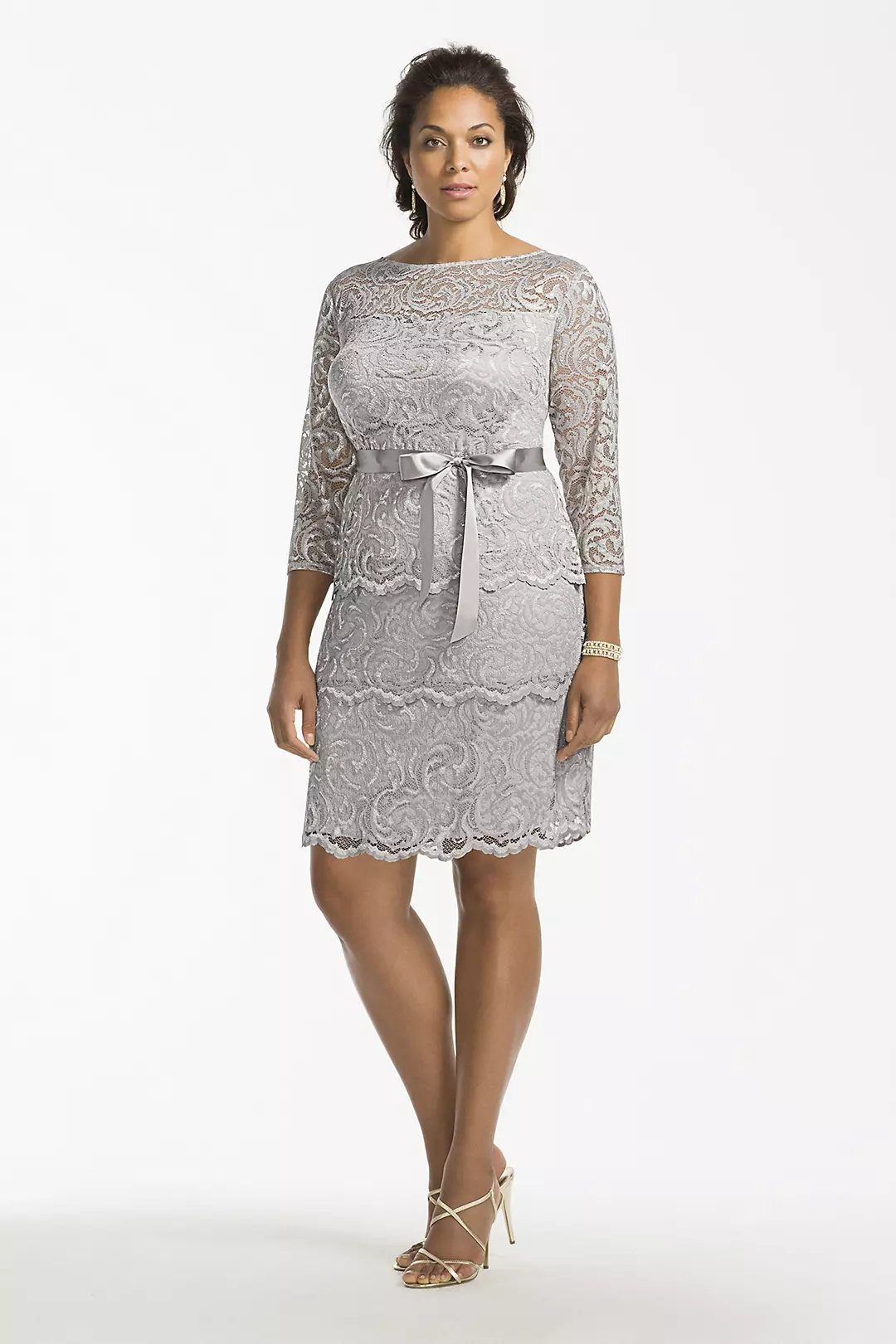 Short 3/4 Sleeve Tiered Floral Lace Dress - Image 28