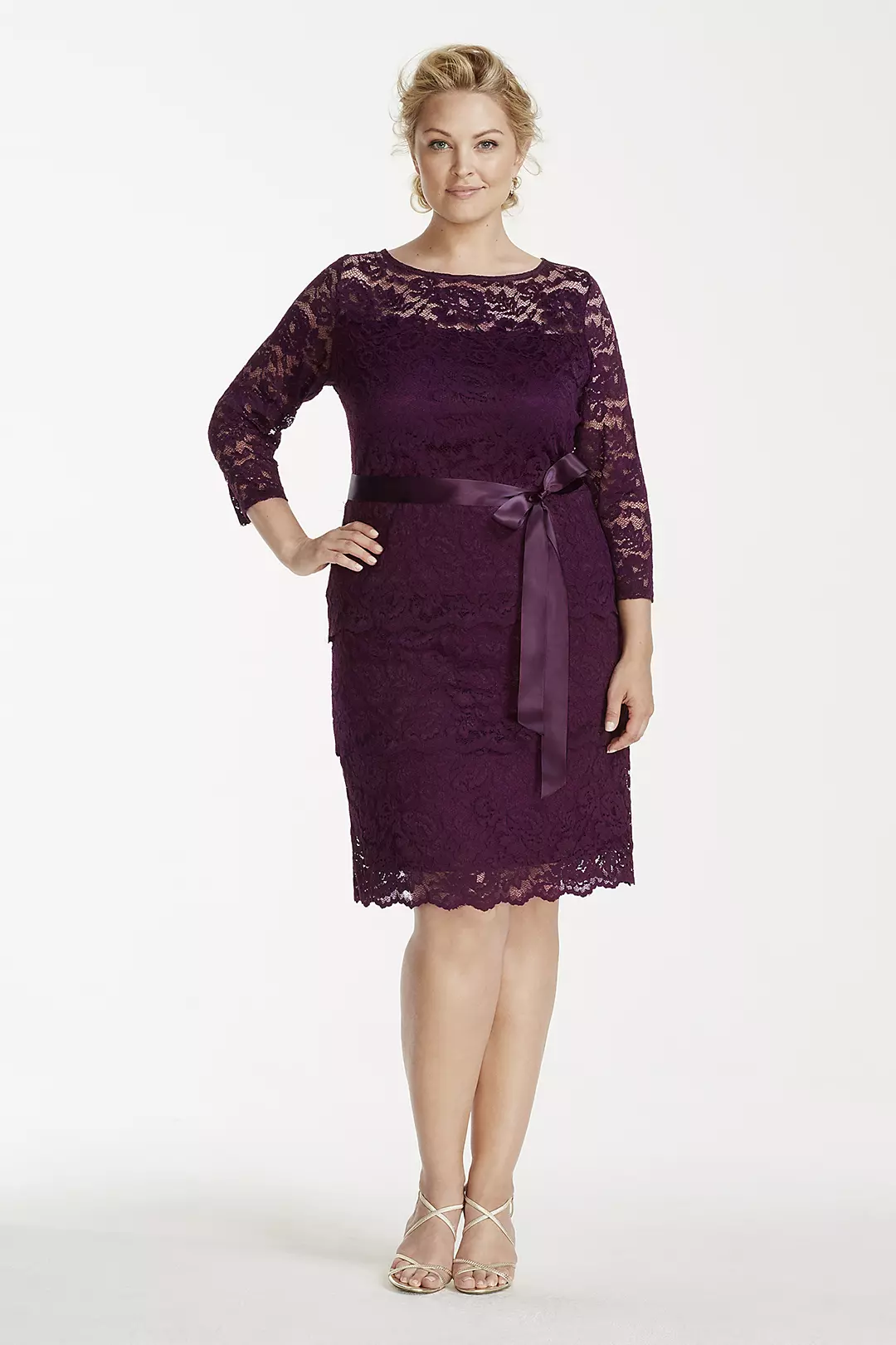 Short 3/4 Sleeve Tiered Floral Lace Dress - Image 32