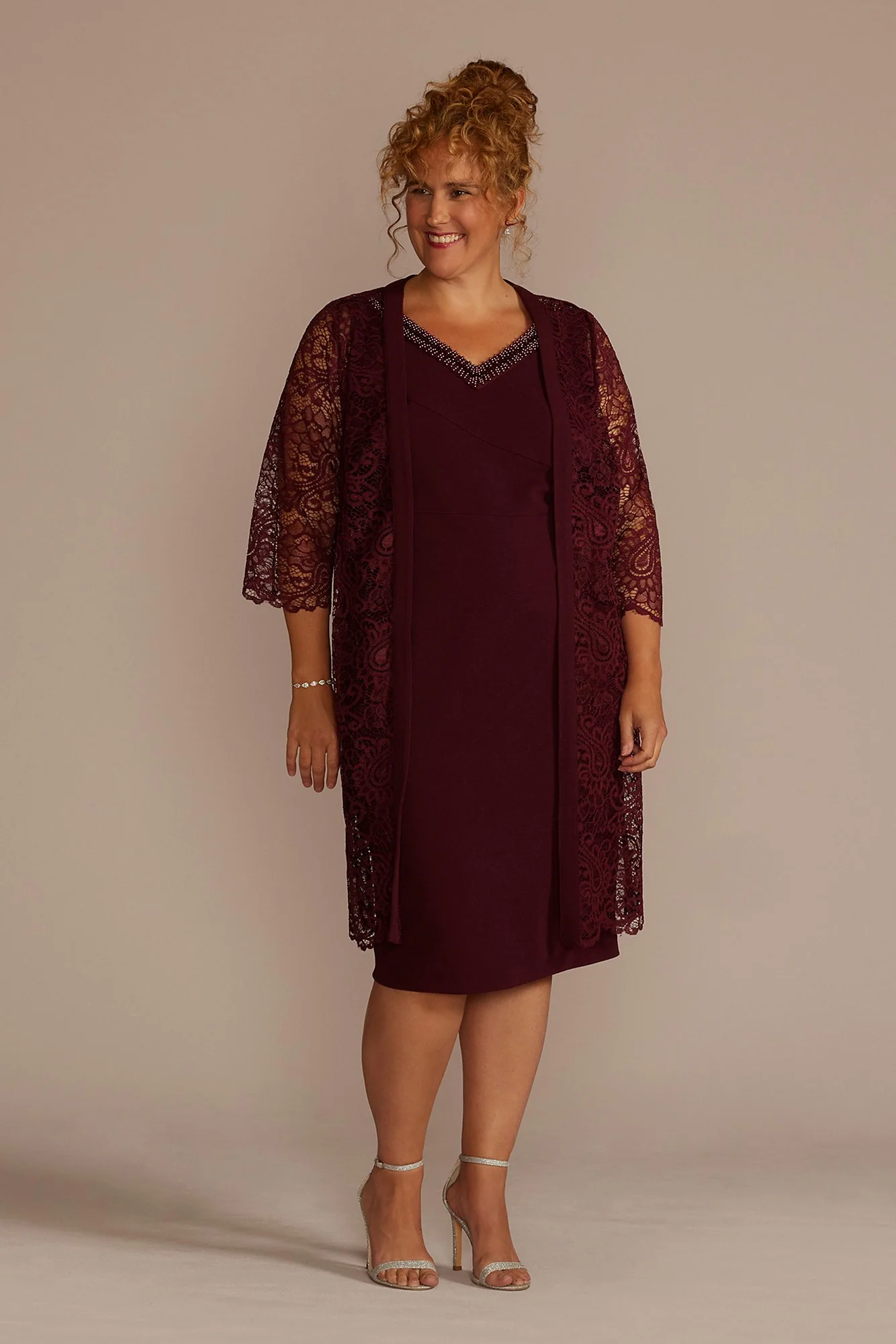 Short Beaded V-Neck Dress with Sheer Sleeve Jacket