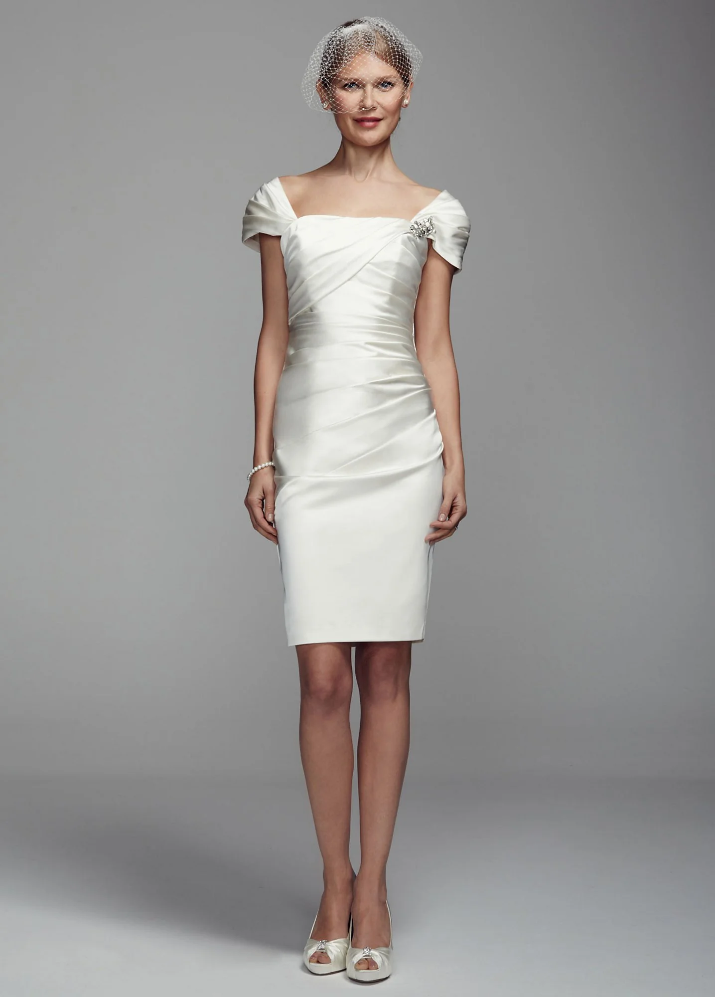 Short Cap Sleeve Satin Dress with Ruching Detail - Image 2