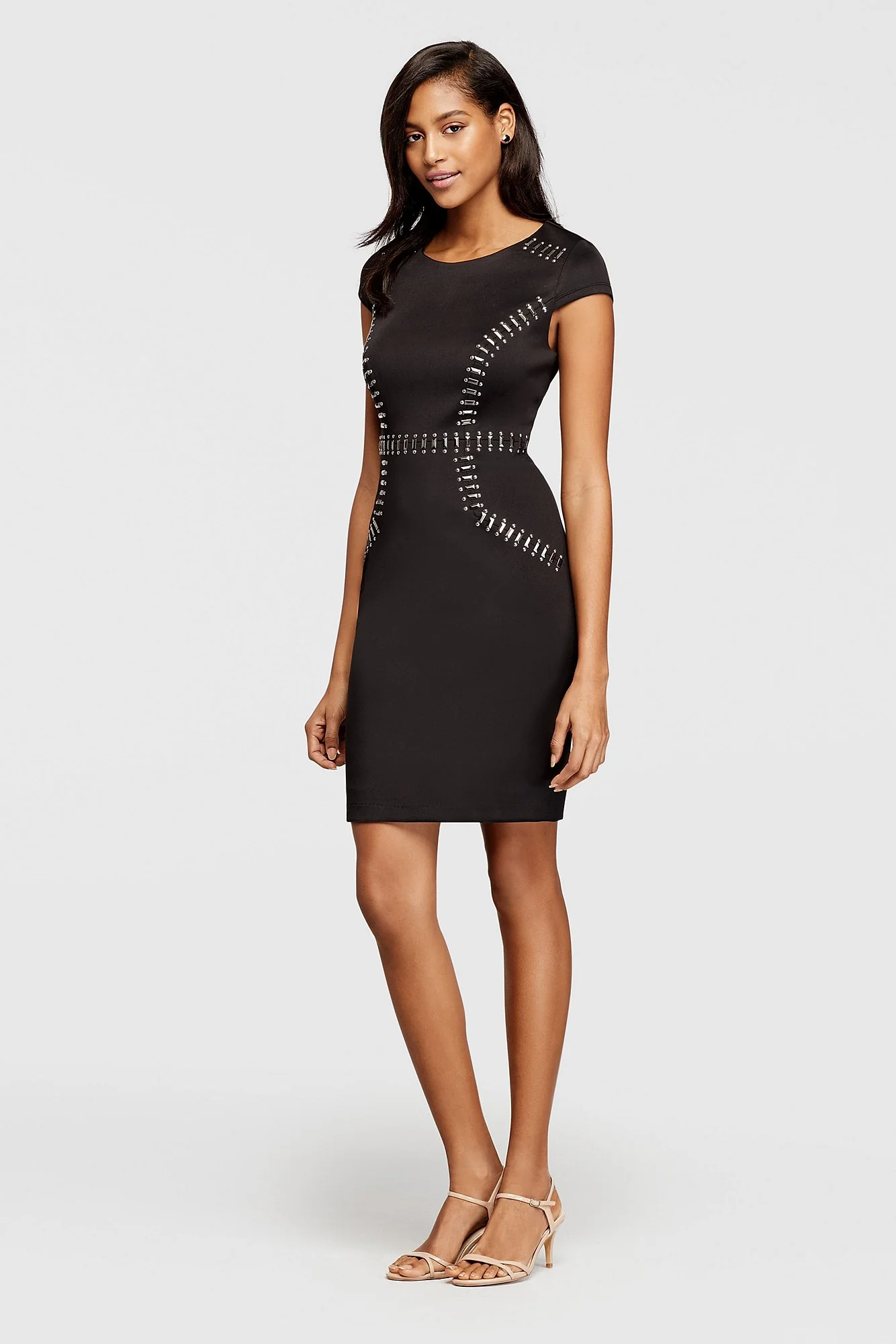 Short Cap Sleeved Scuba Sheath Dress with Hardware - Image 2