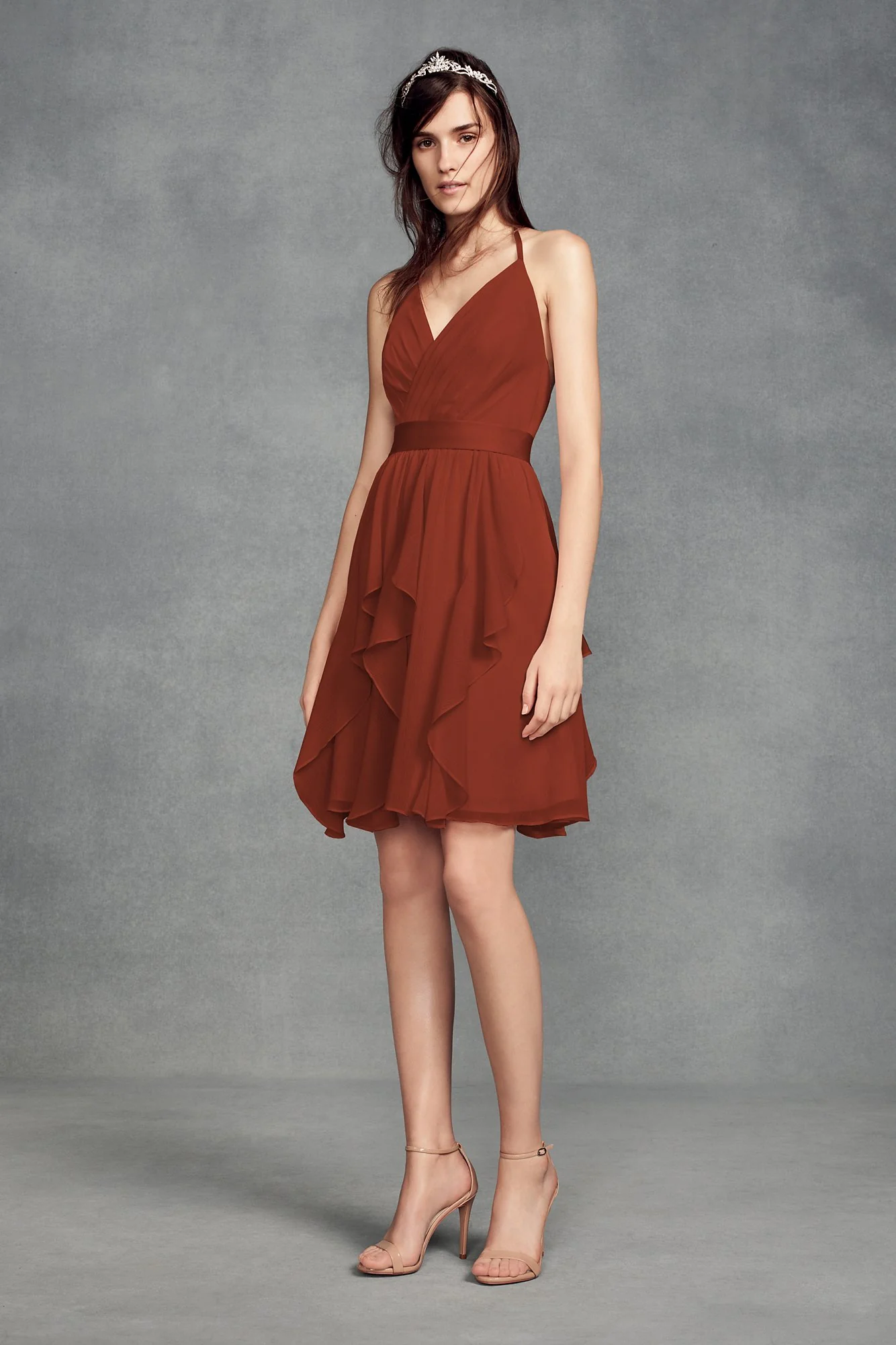 Short Chiffon Bridesmaid Dress with Cascade Skirt - Image 14