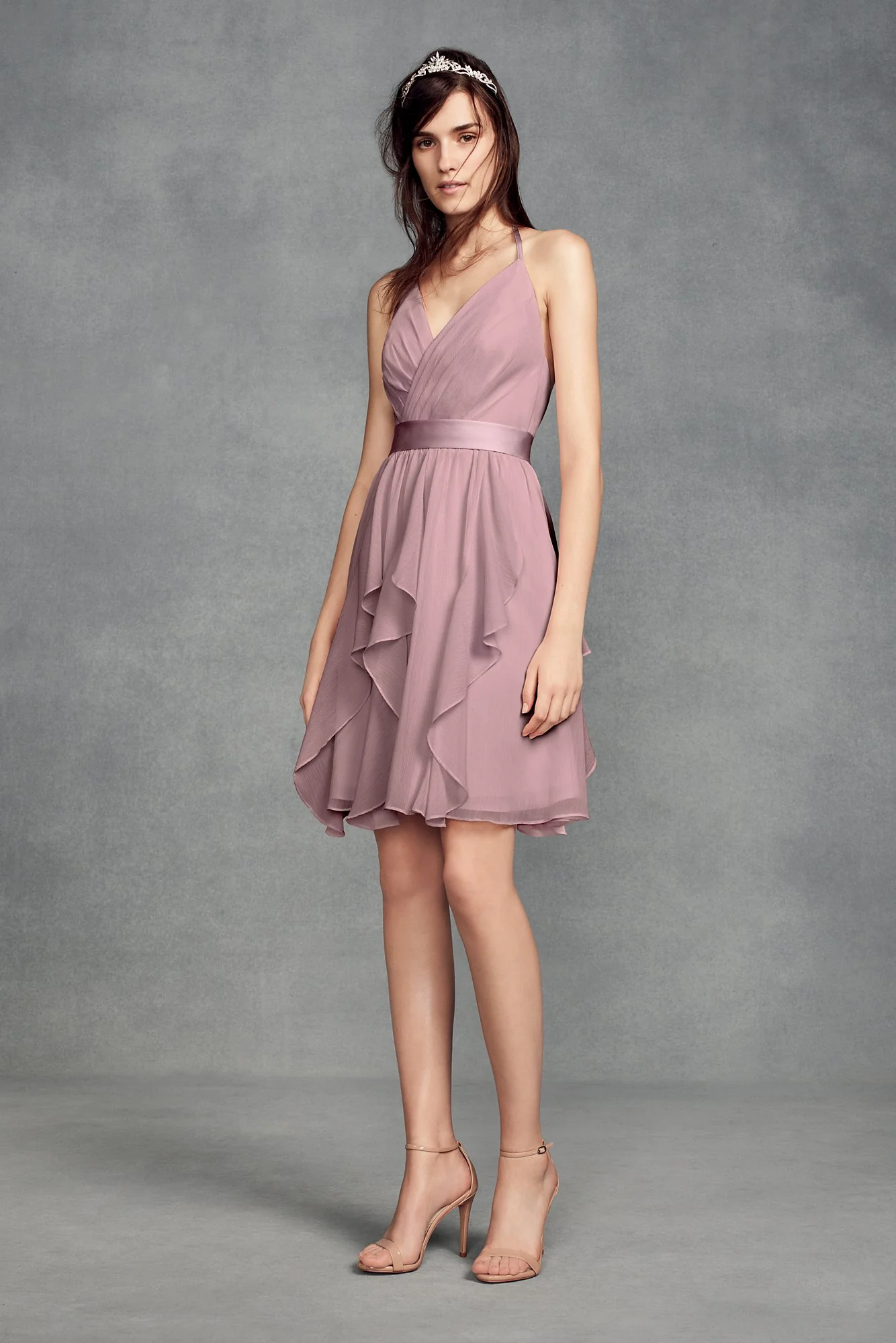 Short Chiffon Bridesmaid Dress with Cascade Skirt - Image 23