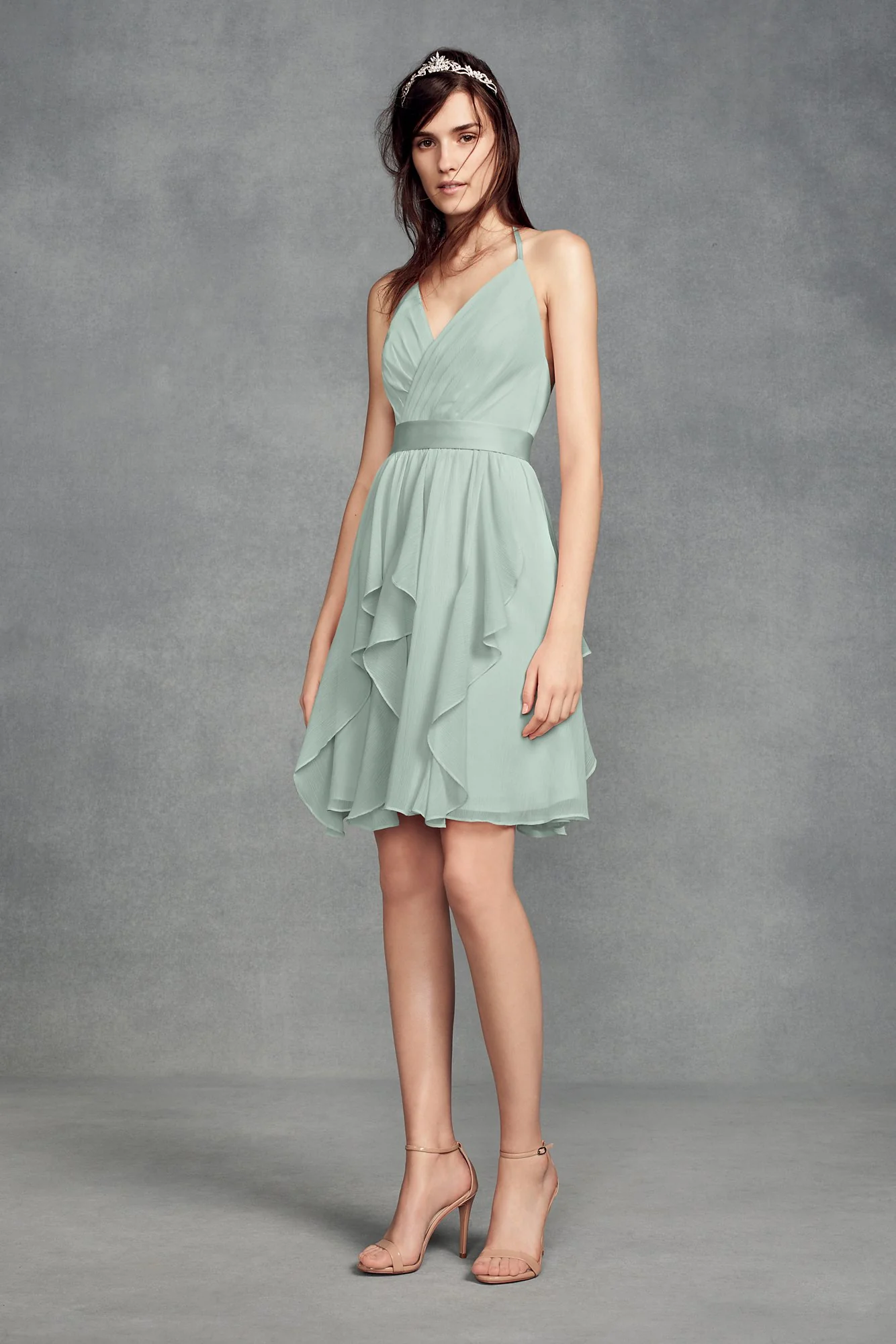 Short Chiffon Bridesmaid Dress with Cascade Skirt - Image 26
