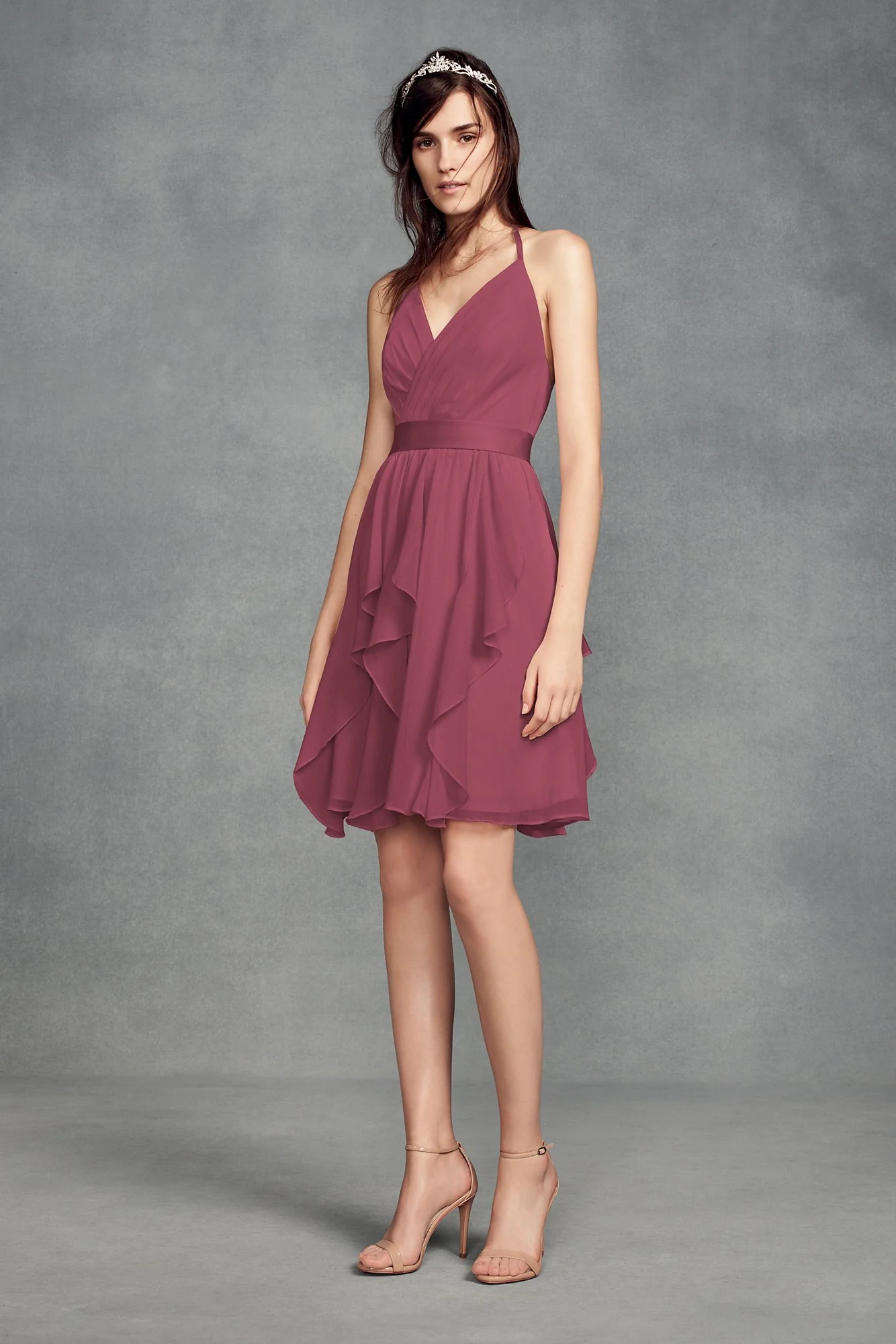 Short Chiffon Bridesmaid Dress with Cascade Skirt - Image 29