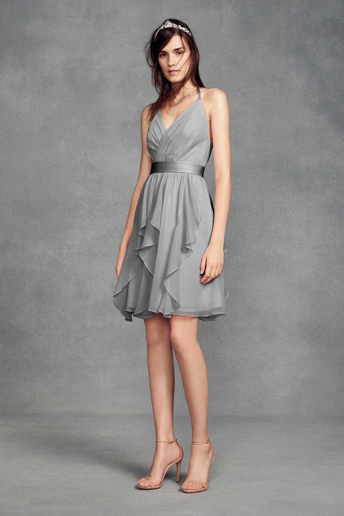 Short Chiffon Bridesmaid Dress with Cascade Skirt - Image 34