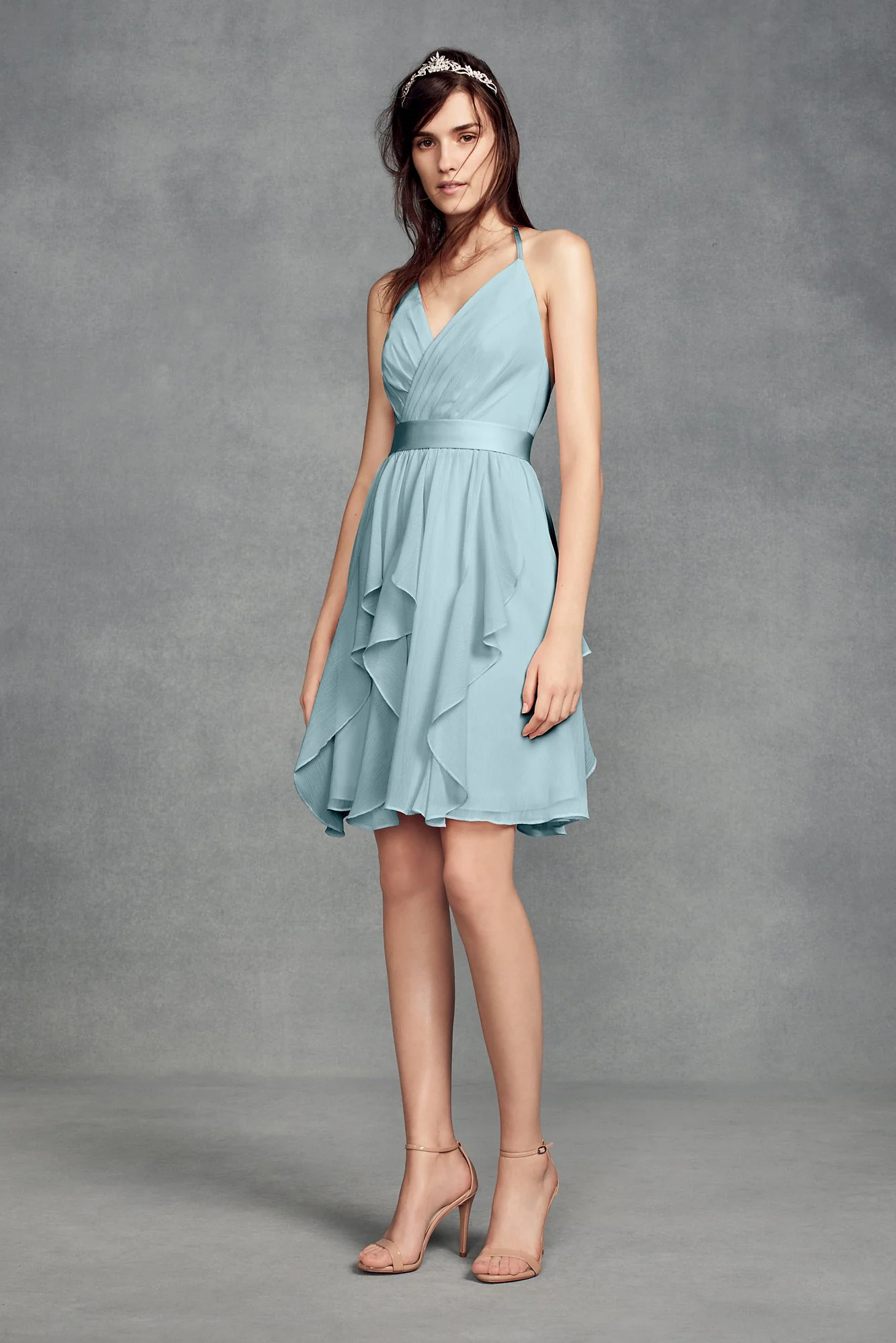Short Chiffon Bridesmaid Dress with Cascade Skirt - Image 35