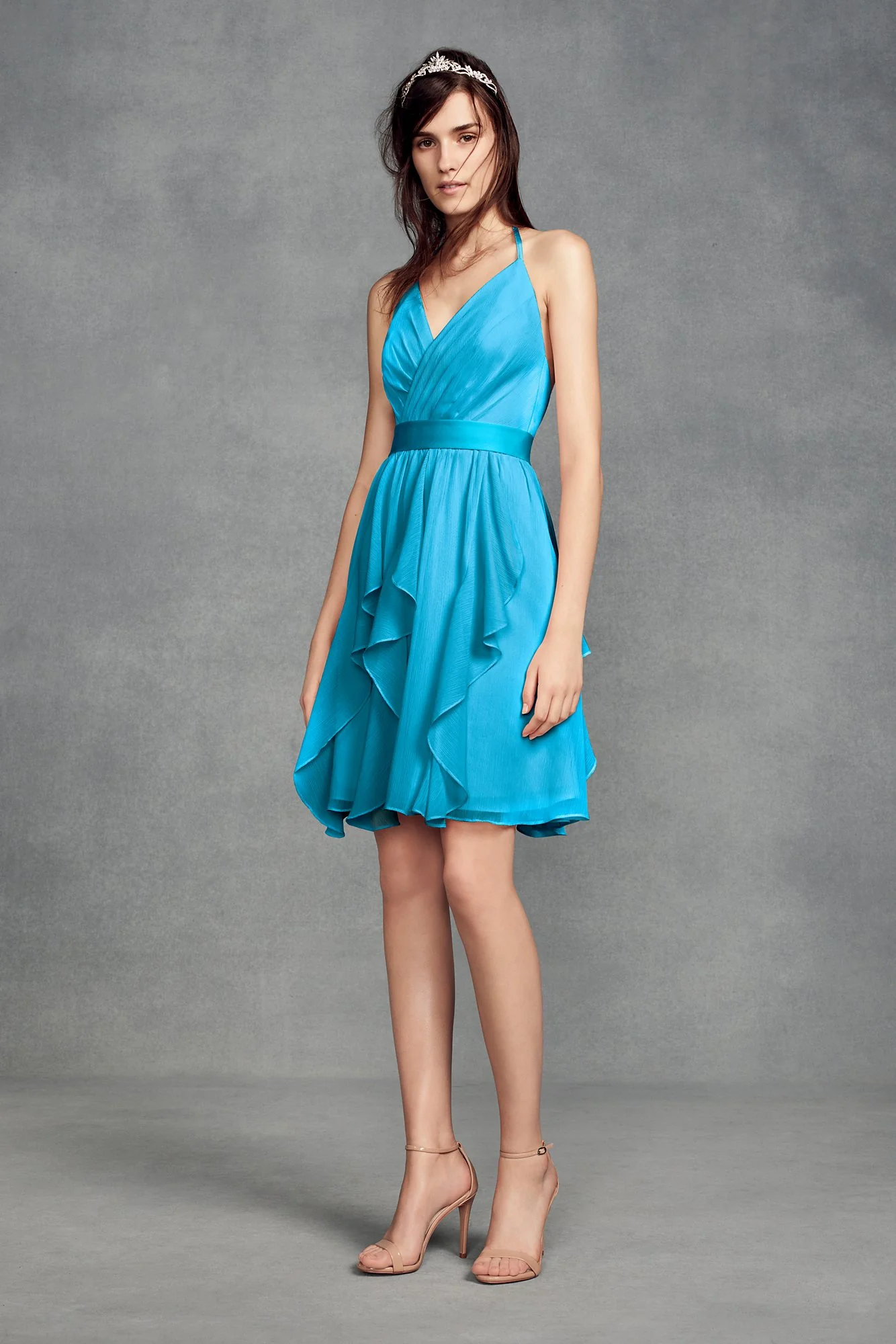 Short Chiffon Bridesmaid Dress with Cascade Skirt - Image 36