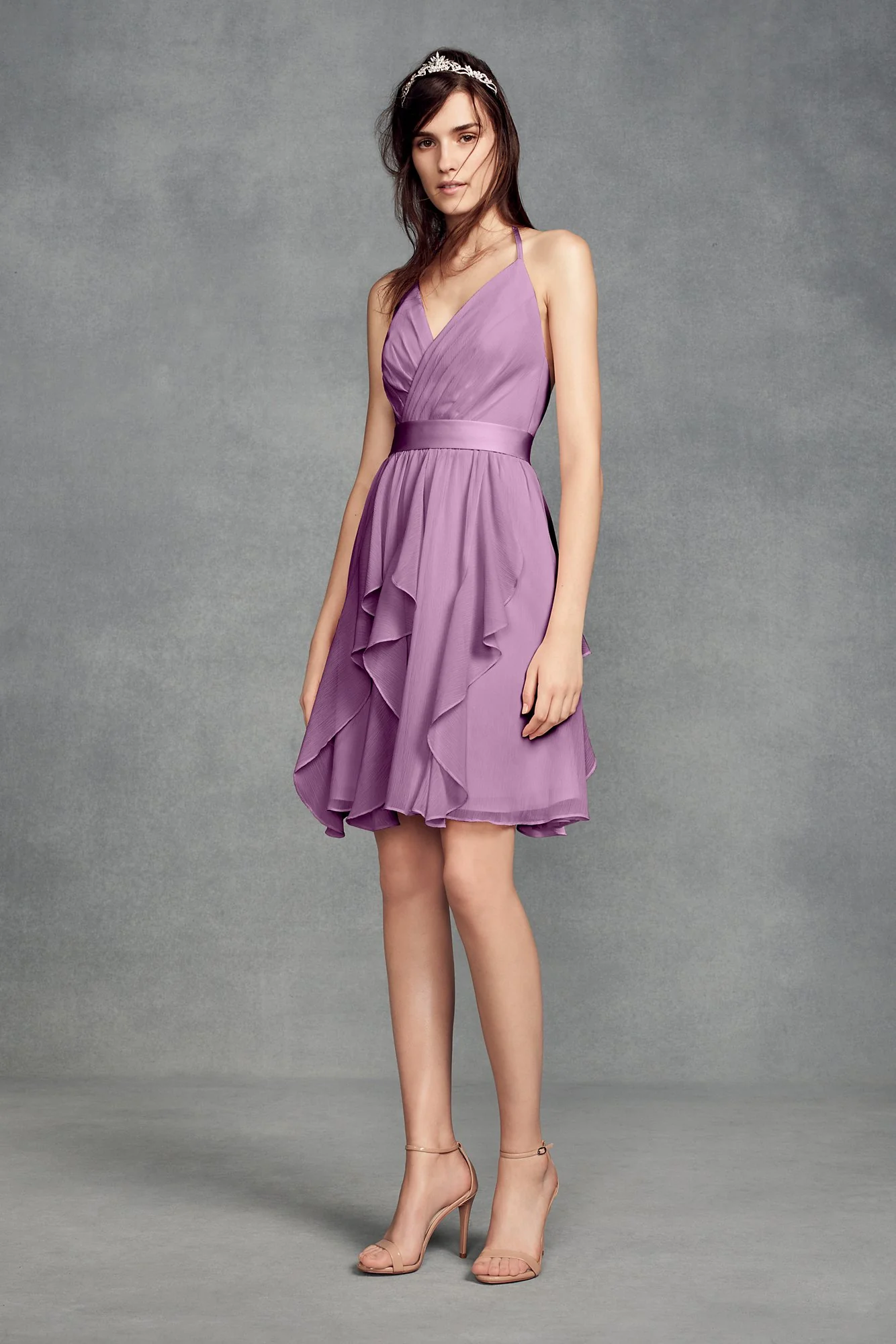 Short Chiffon Bridesmaid Dress with Cascade Skirt - Image 37