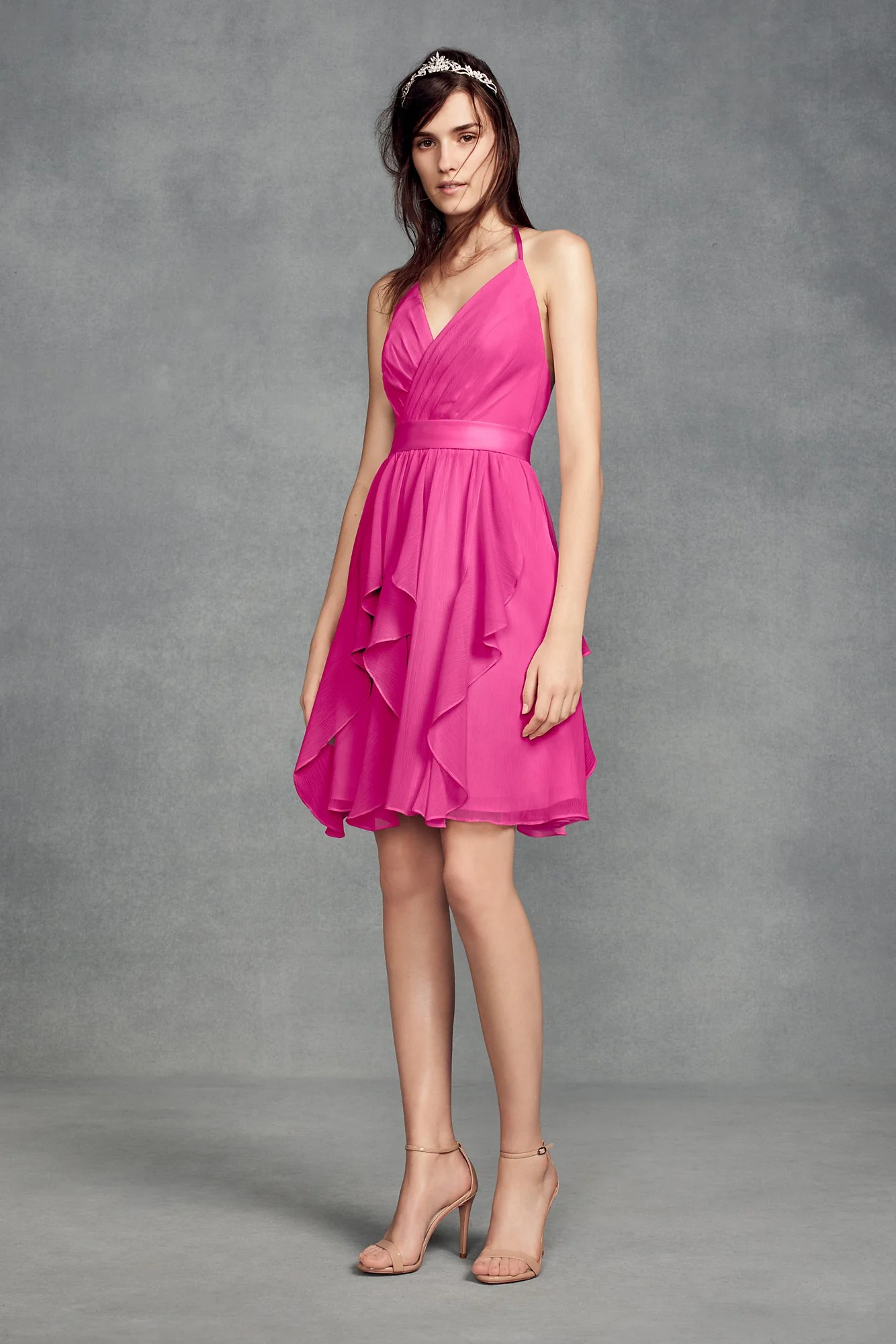 Short Chiffon Bridesmaid Dress with Cascade Skirt - Image 38