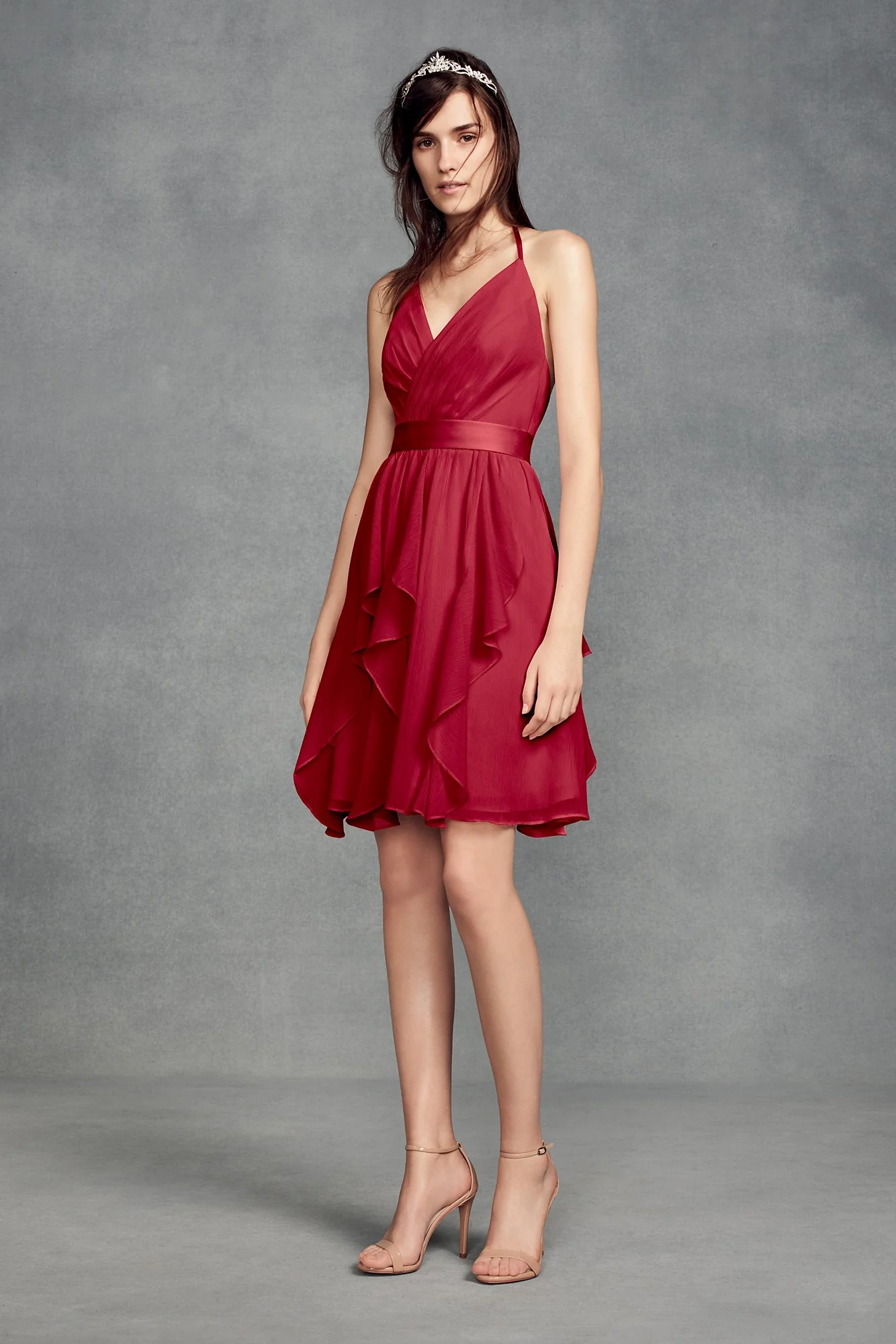 Short Chiffon Bridesmaid Dress with Cascade Skirt - Image 4