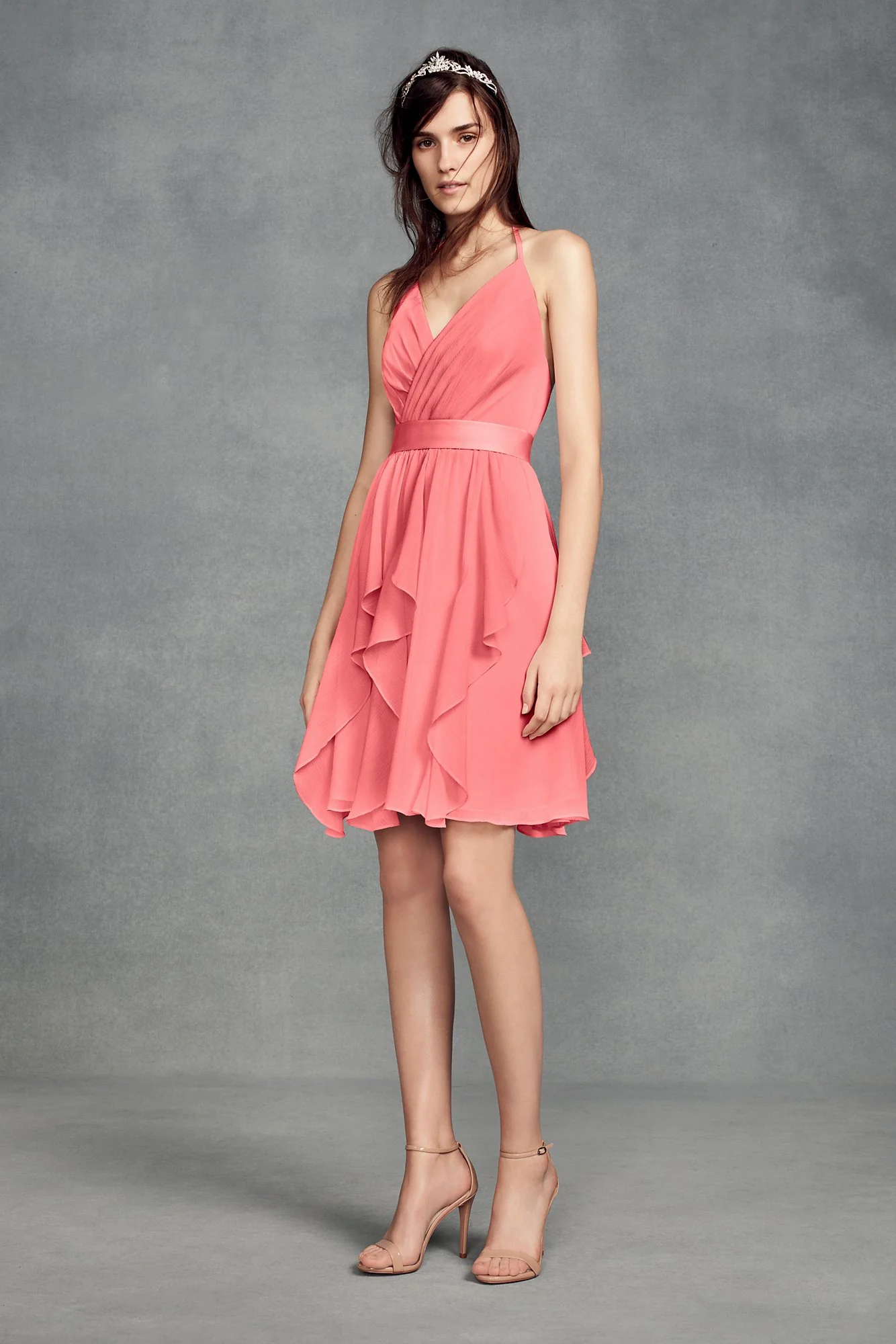 Short Chiffon Bridesmaid Dress with Cascade Skirt - Image 40