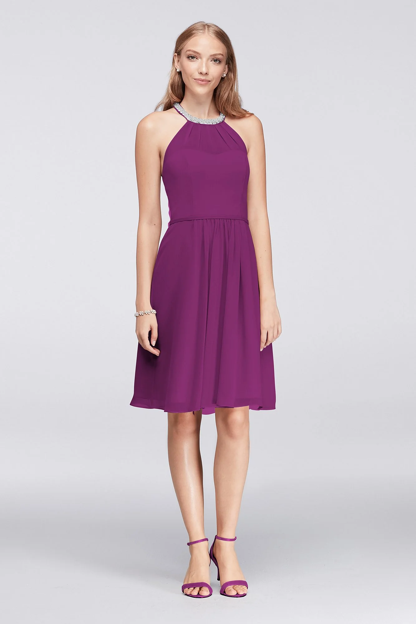 Short Chiffon Dress with Beaded Illusion Neckline - Image 30
