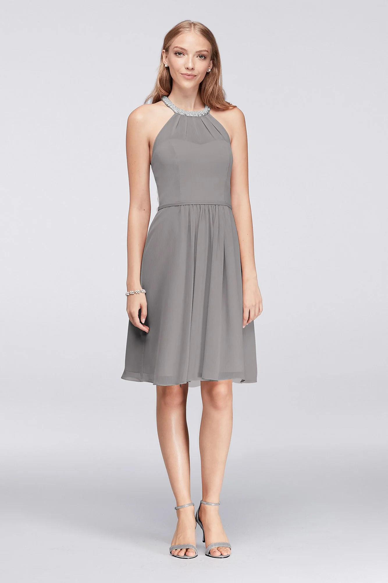 Short Chiffon Dress with Beaded Illusion Neckline - Image 36