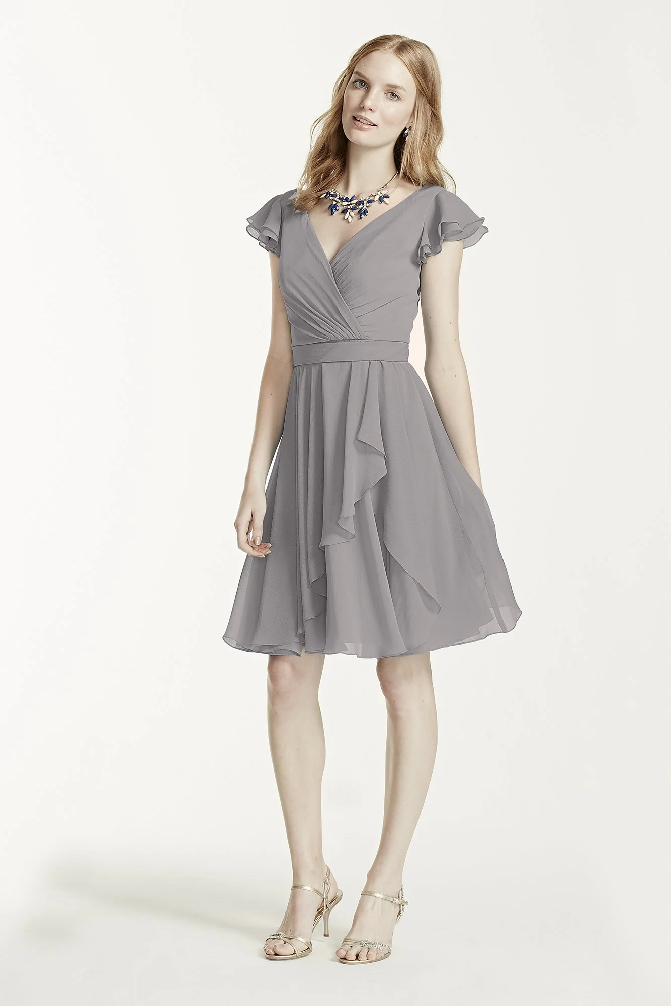 Short Chiffon Dress with Crinkle Flutter Sleeve - Image 40