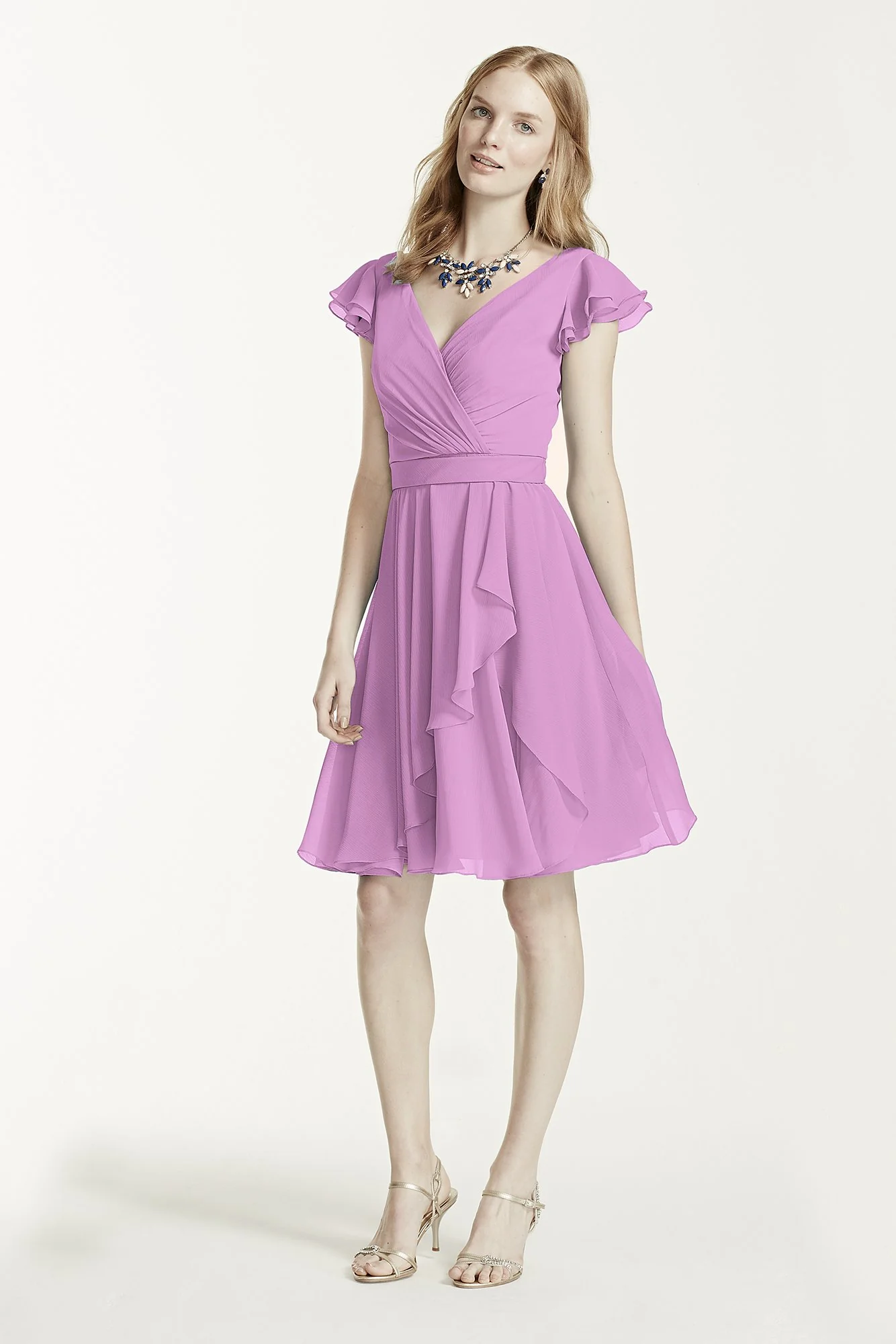 Short Chiffon Dress with Crinkle Flutter Sleeve - Image 49