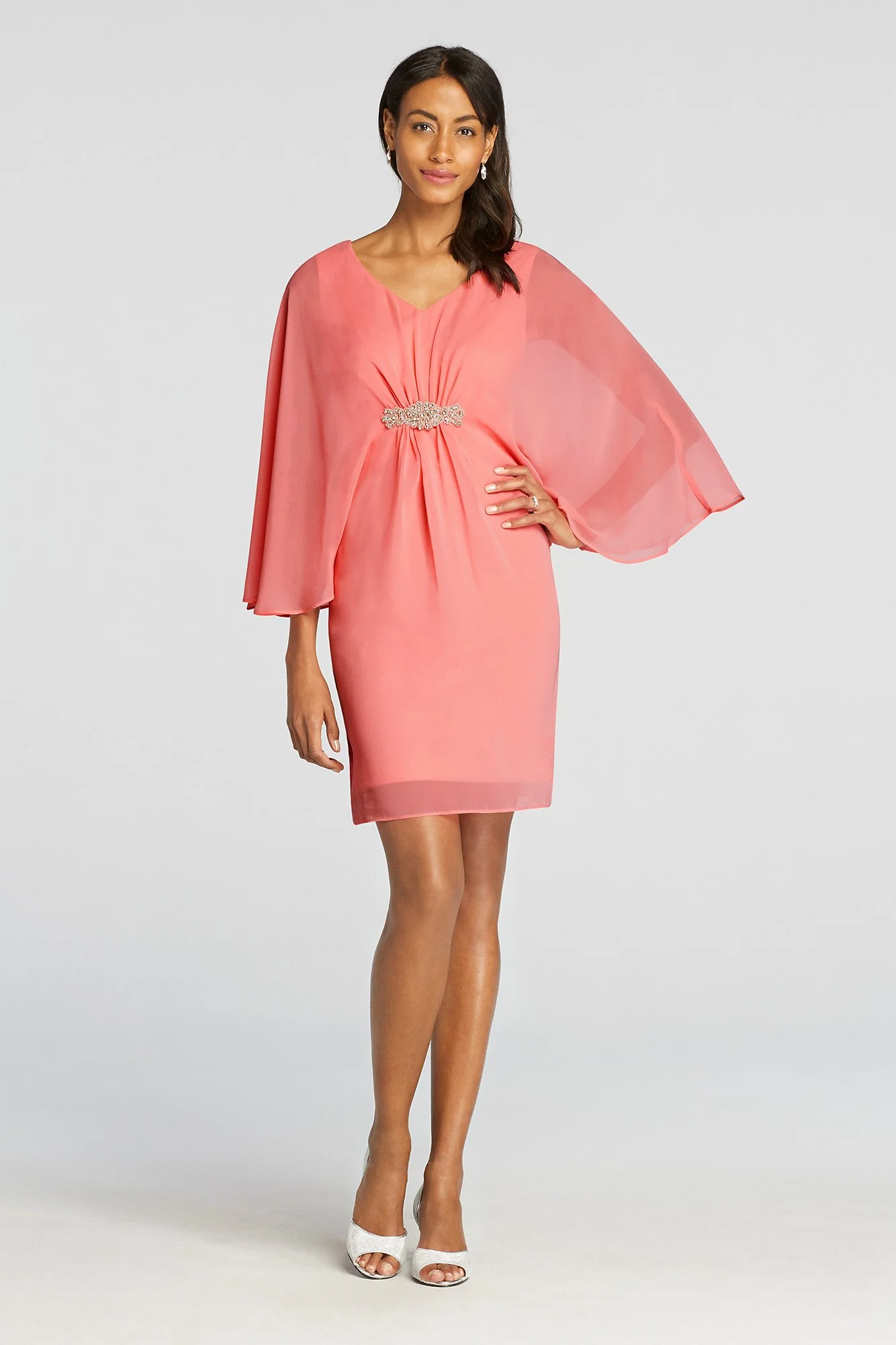 Short Chiffon Dress with Crystal Beaded Brooch