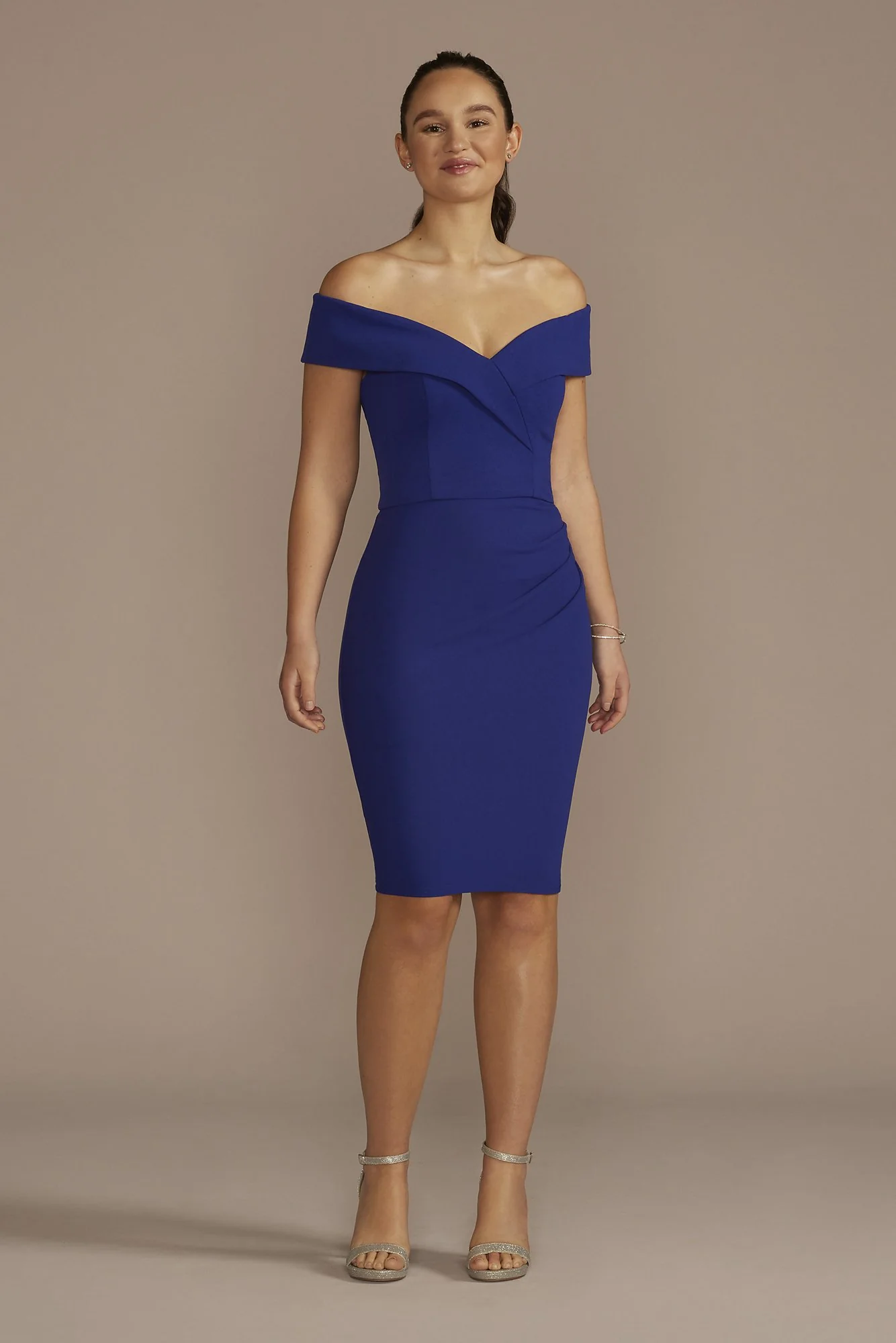 Short Crepe Off-the-Shoulder Draped Sheath Dress