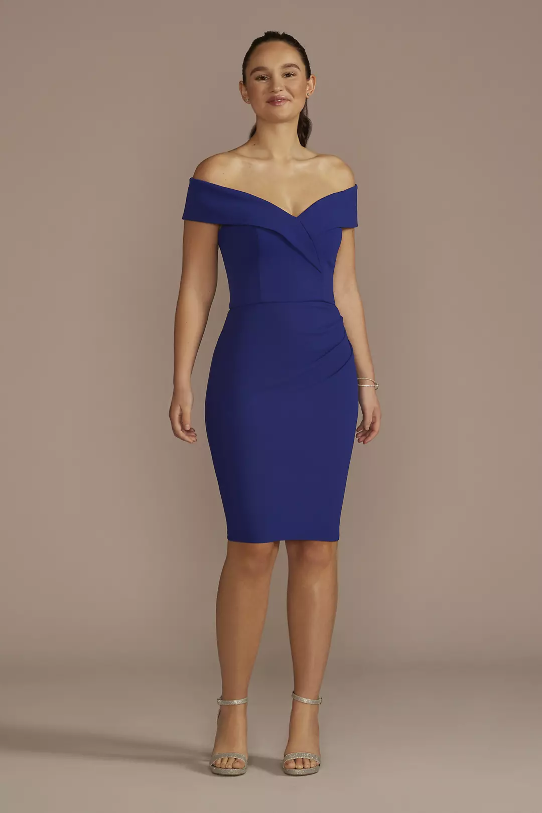 Short Crepe Off-the-Shoulder Draped Sheath Dress - Image 2