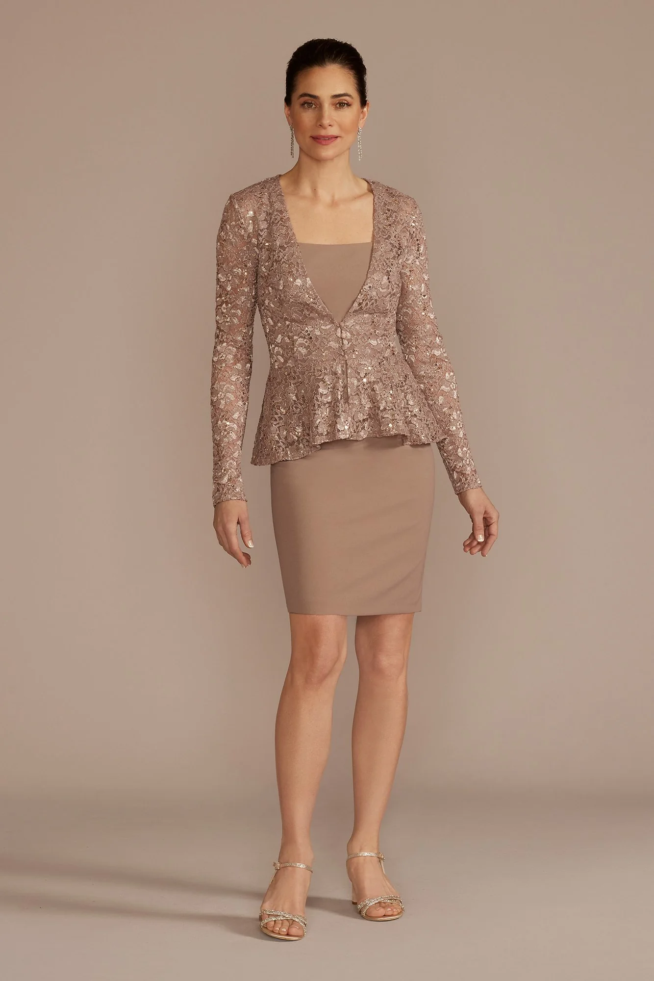 Short Crepe Sheath Dress with Lace Peplum Jacket - Image 2