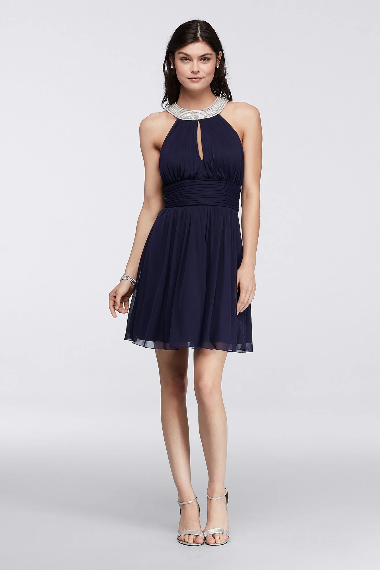 Short Dress with Pearl Keyhole Neckline