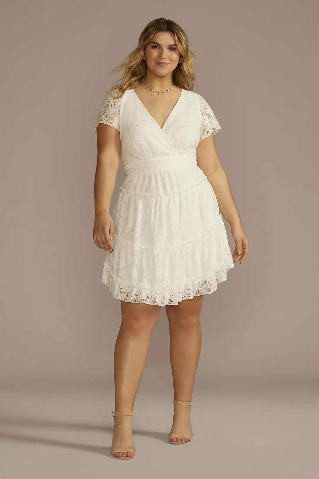Short Flutter Sleeve Tiered Lace A-Line Dress