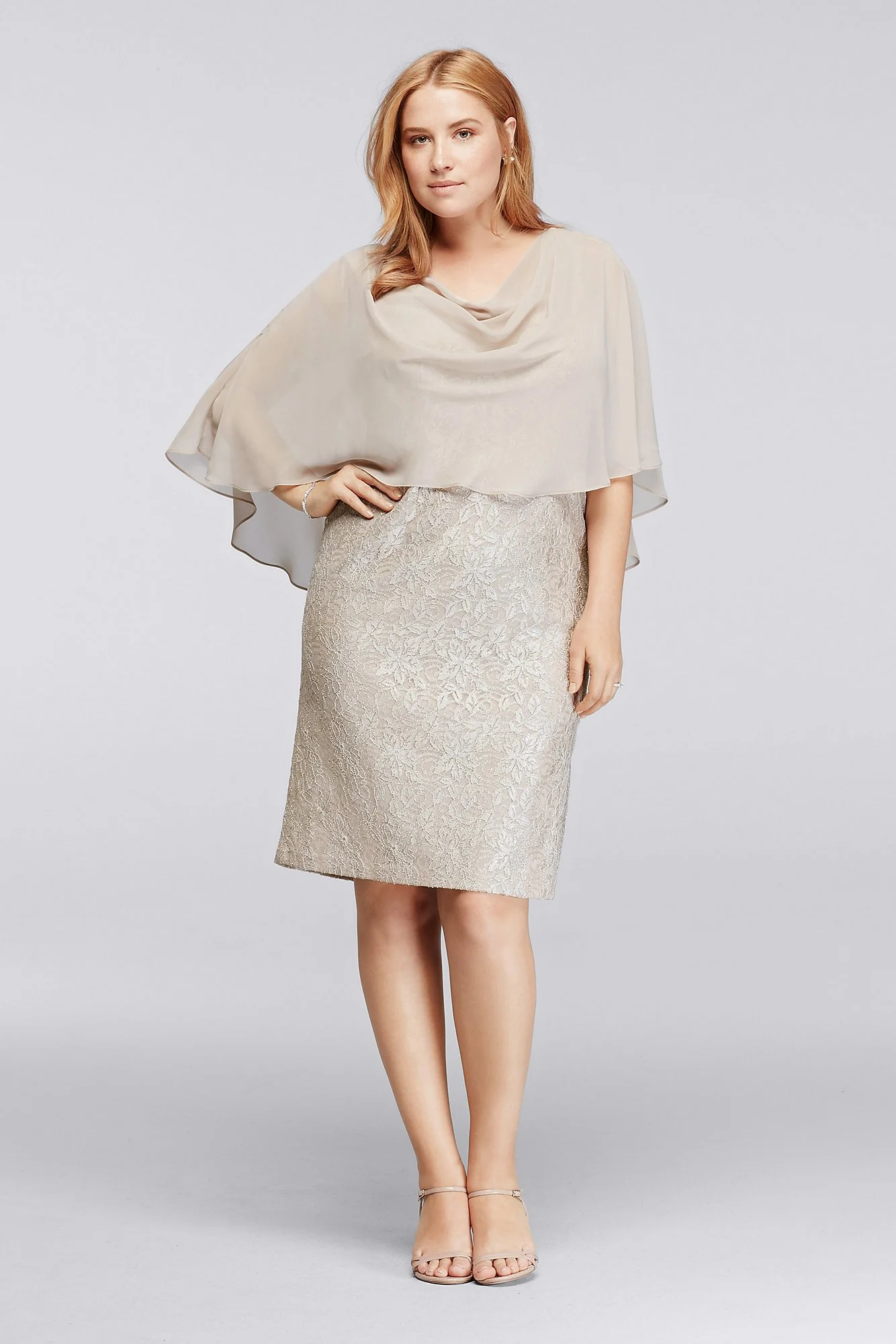 Short Glitter Lace Dress with Chiffon Capelet - Image 3