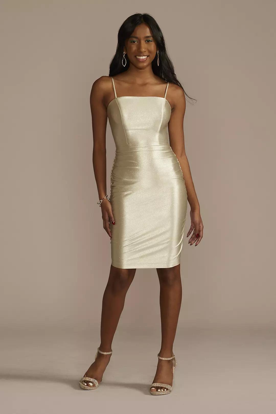 Short Glitter Stretch Satin Lace-Up Sheath - Image 9