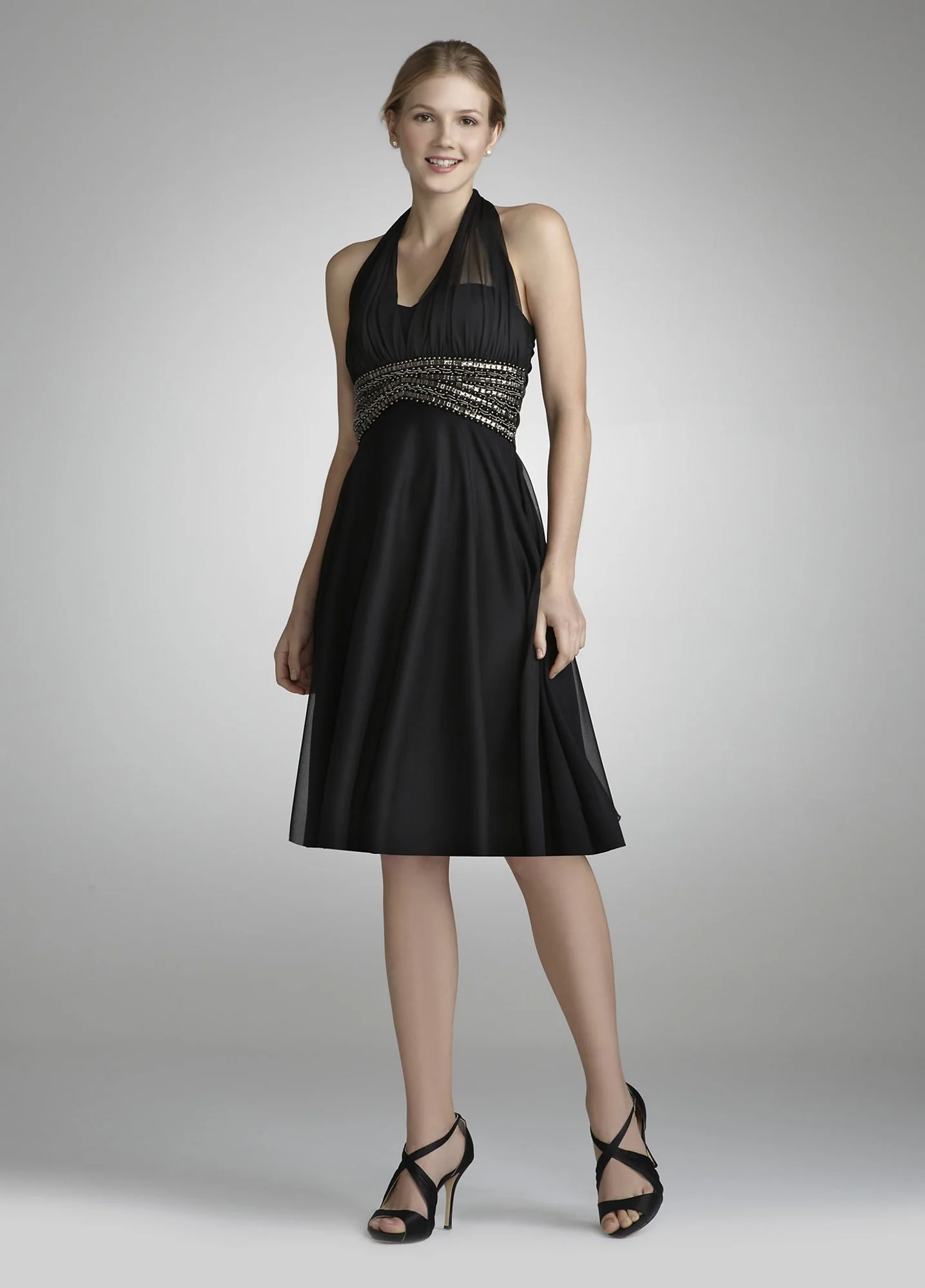 Short Halter Black Dress with Beading at Waist