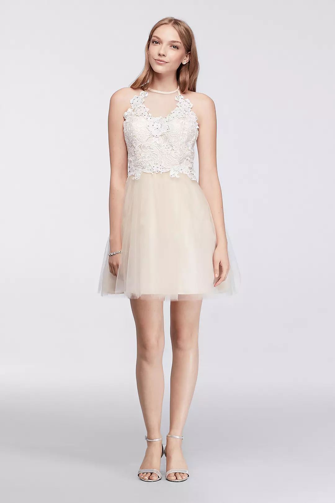 Short Halter Dress with Illusion Lace Neckline - Image 3