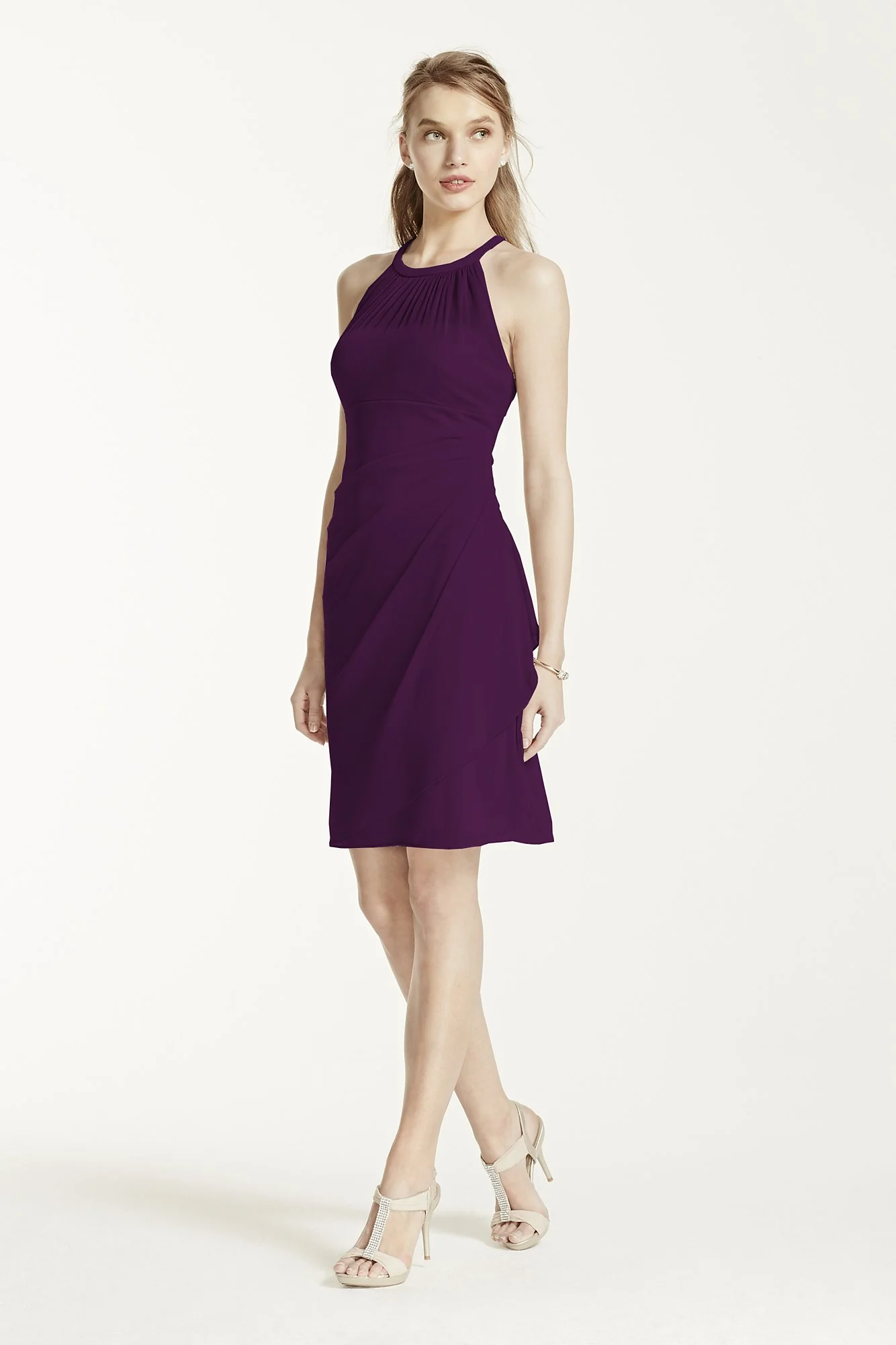 Short High Neck Mesh Dress with Side Cascade - Image 103