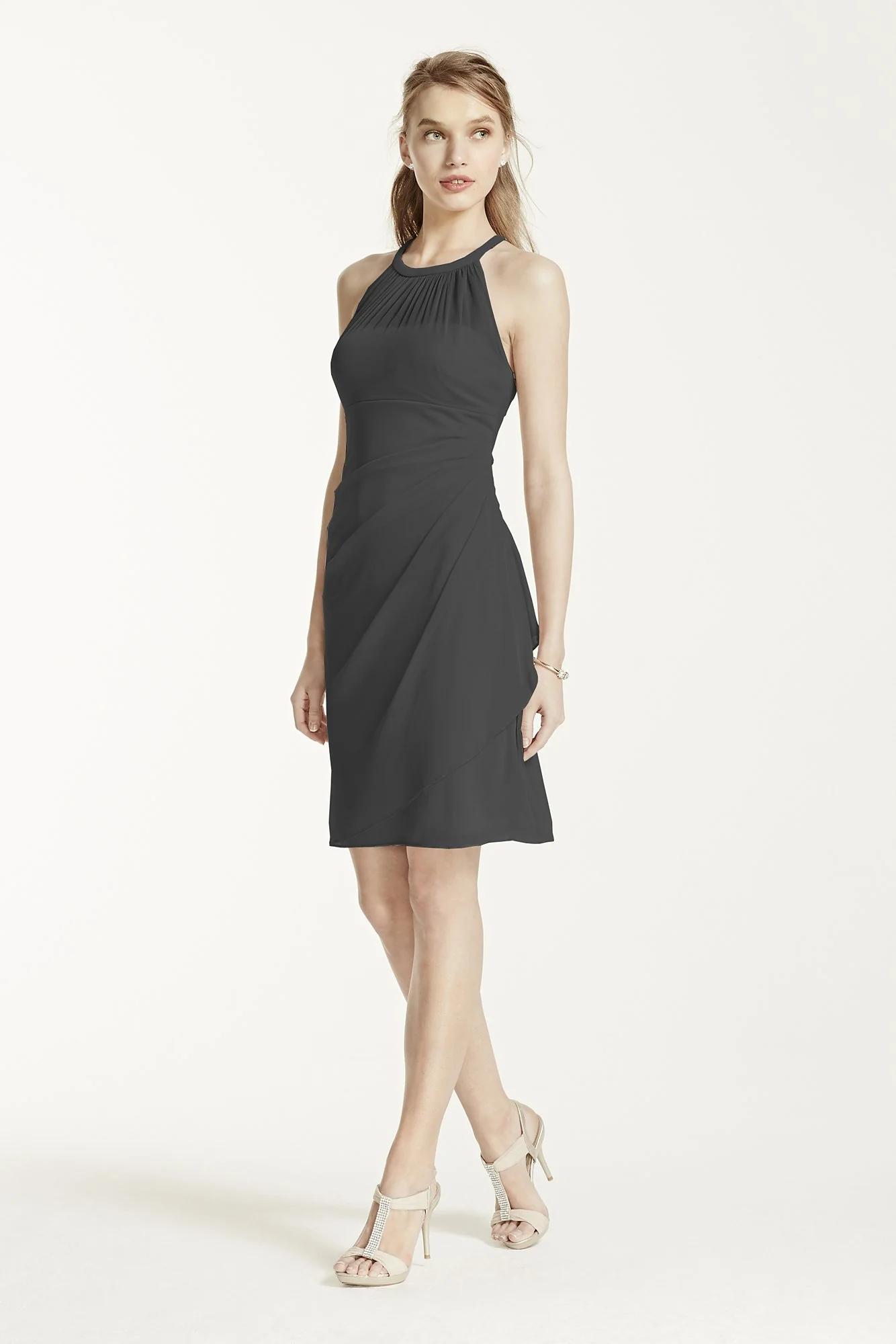 Short High Neck Mesh Dress with Side Cascade - Image 2