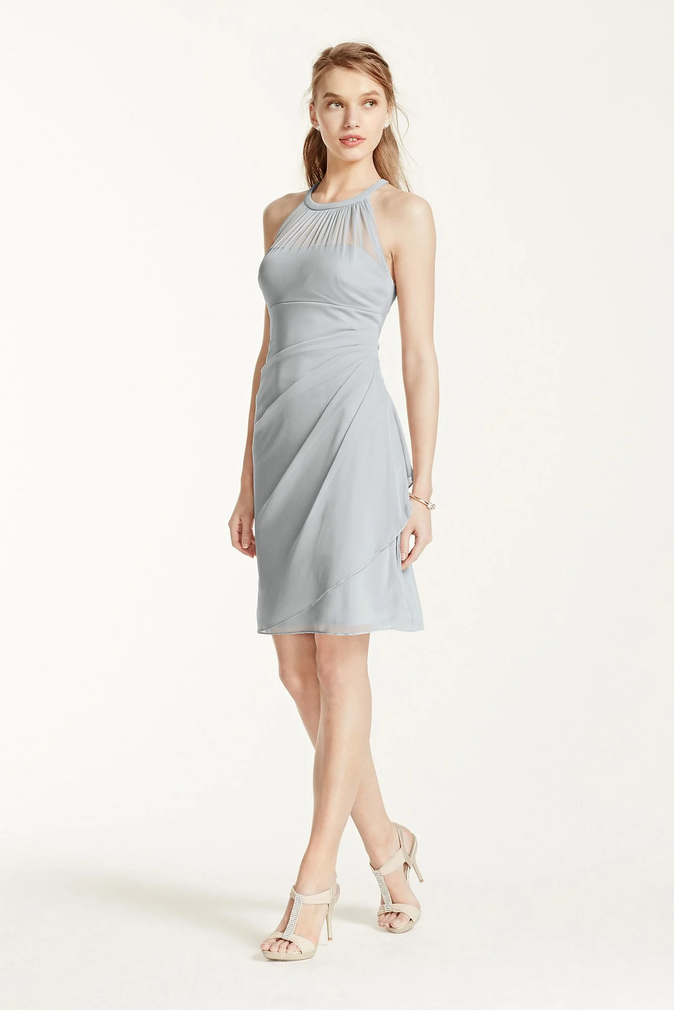 Short High Neck Mesh Dress with Side Cascade - Image 73