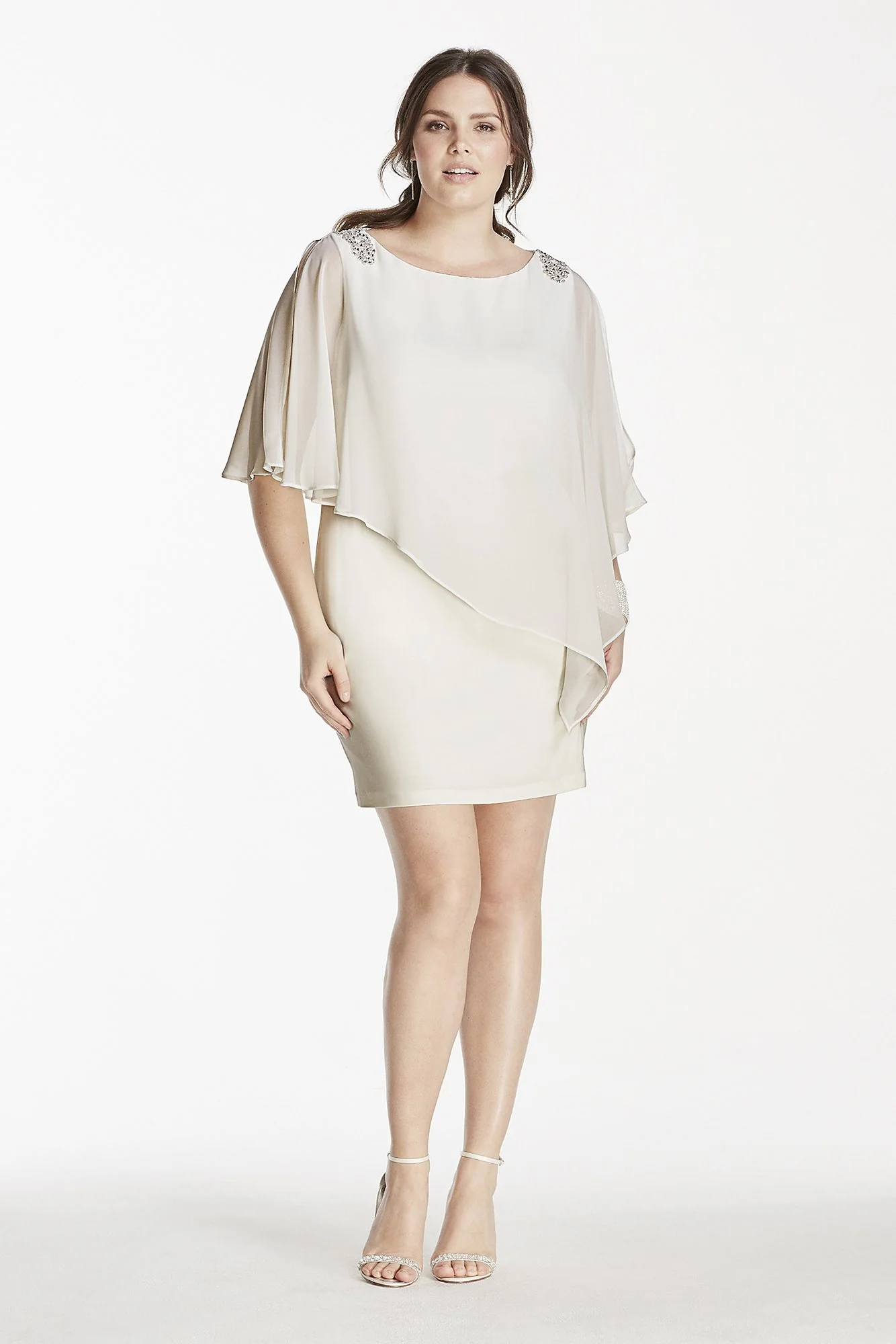 Short Jersey Dress with Chiffon Caplet Overlay - Image 3