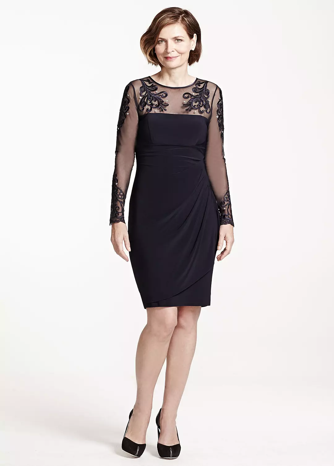 Short Jersey Dress with Illusion Mesh Sleeves - Image 3