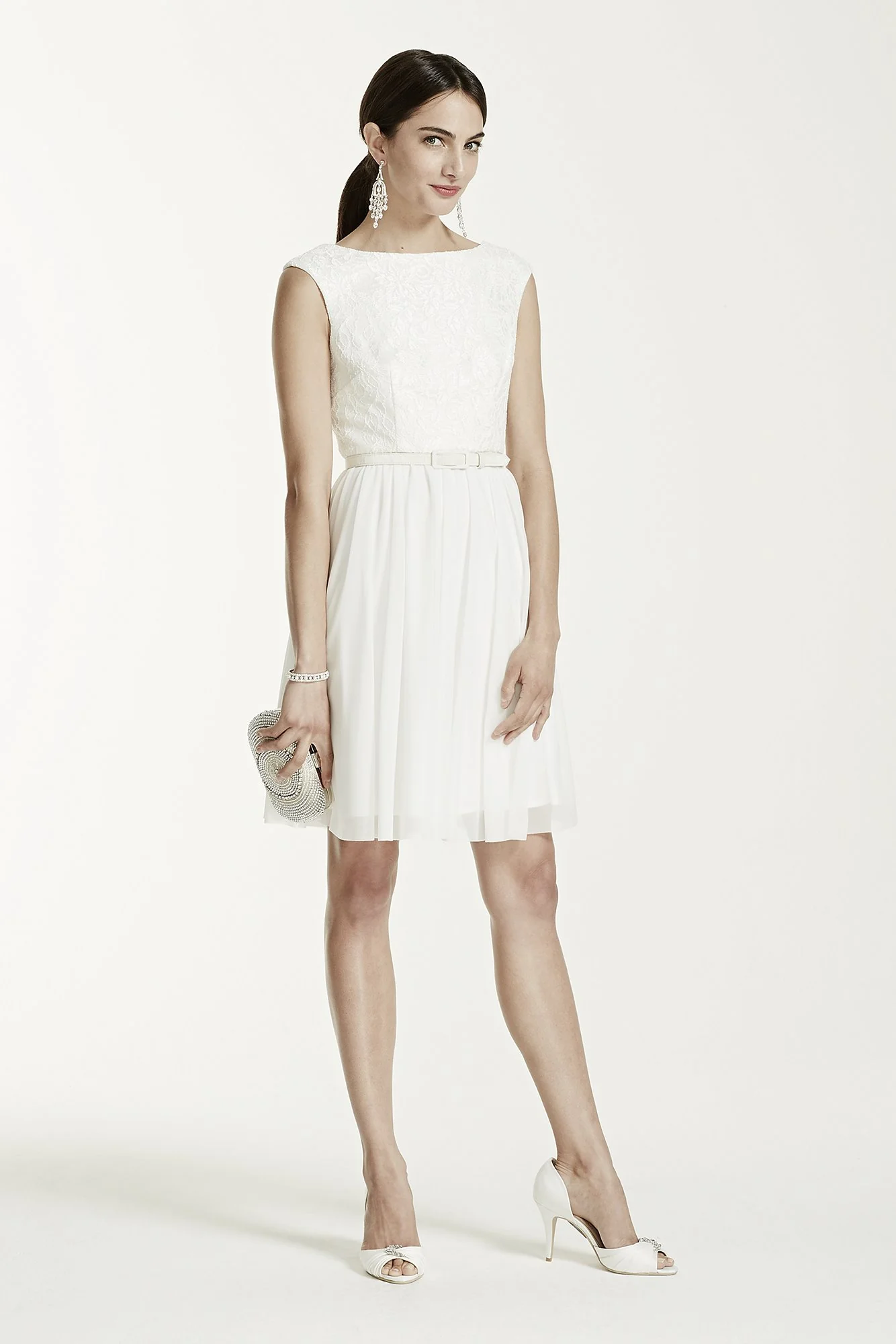 Short Lace and Mesh Dress with Belt Detail